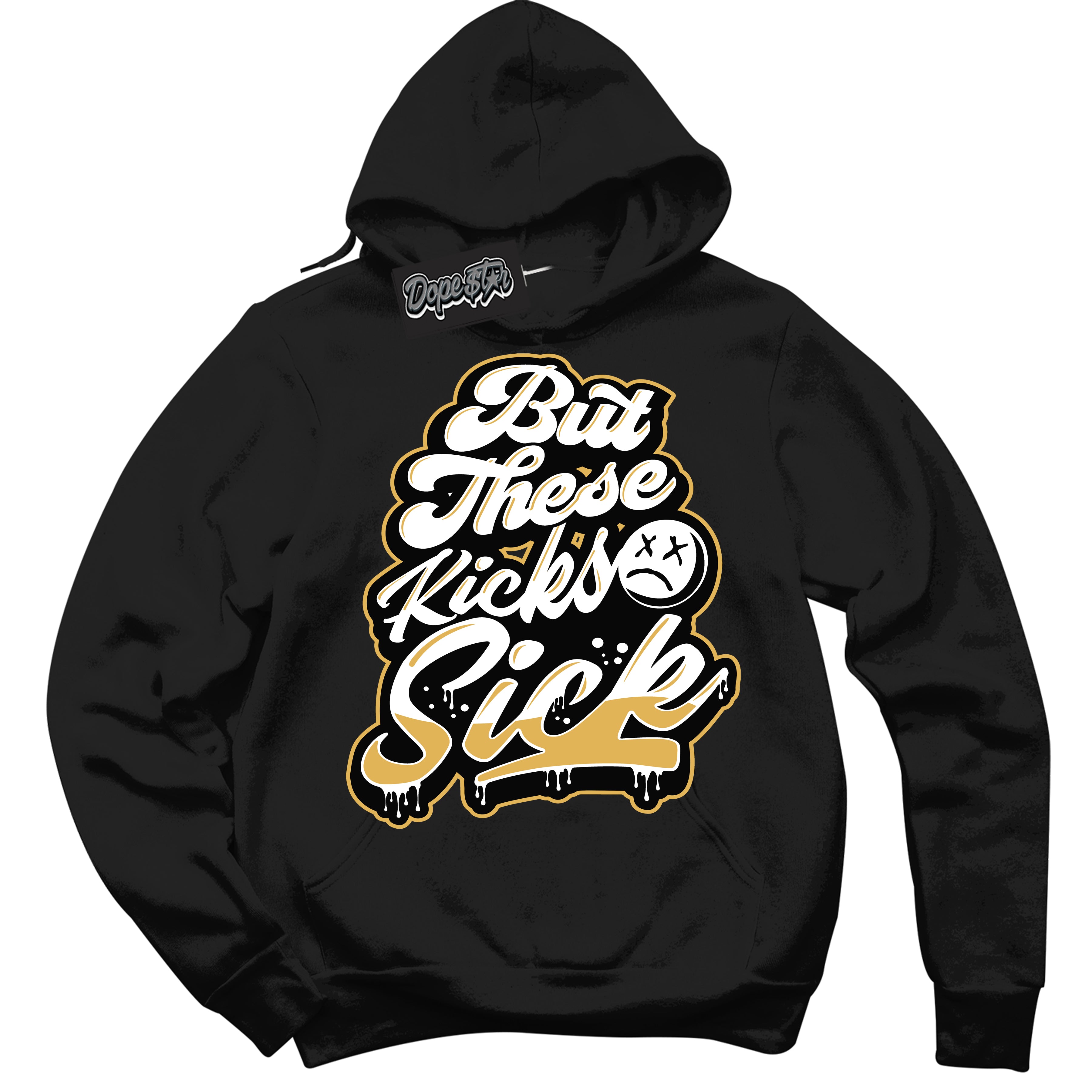 Cool Black Hoodie with “ Kick Sick ”  design that Perfectly Matches Gold Swoosh 1s Sneakers.
