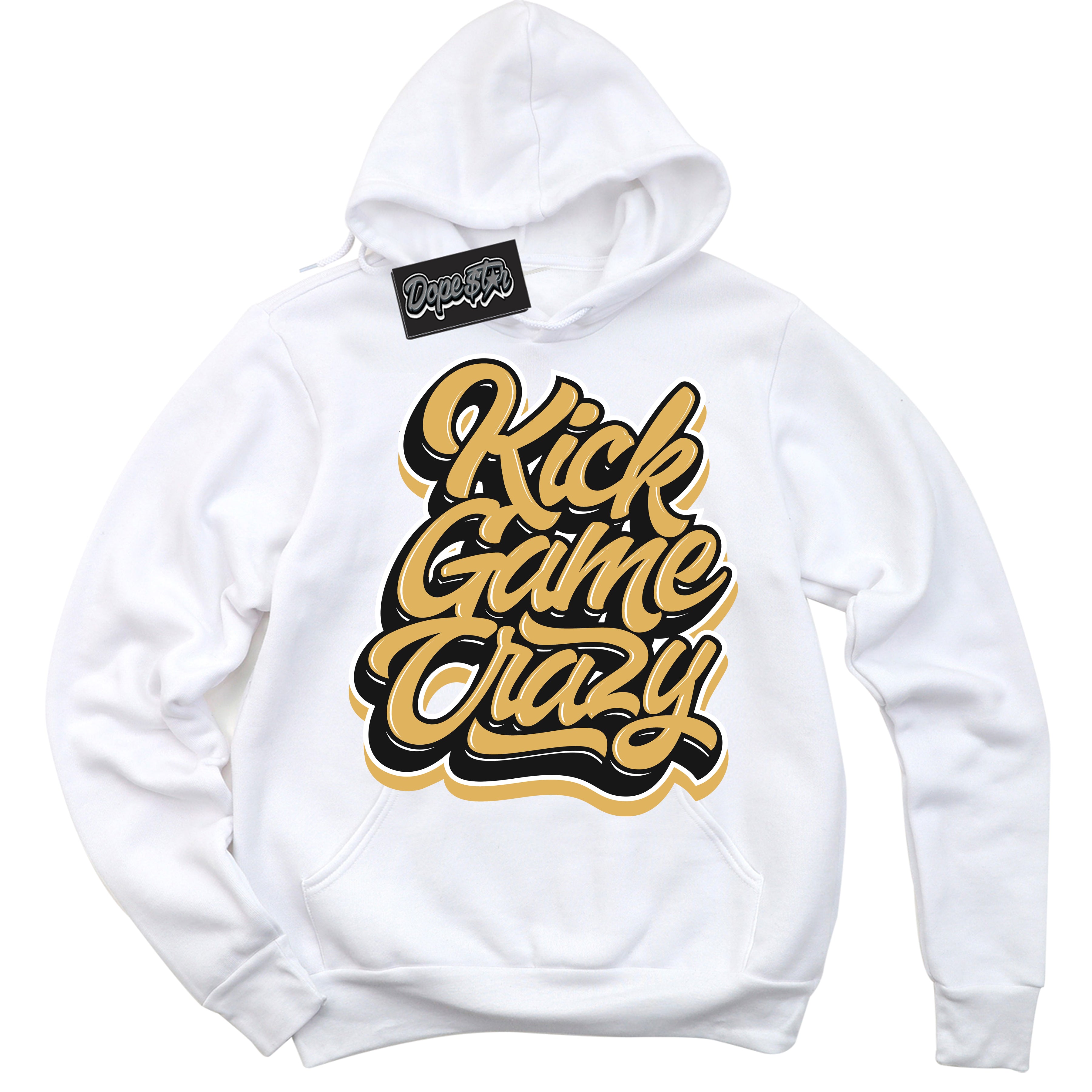 Cool White Hoodie with “ Kick Game Crazy ”  design that Perfectly Matches Gold Swoosh 1s Sneakers.
