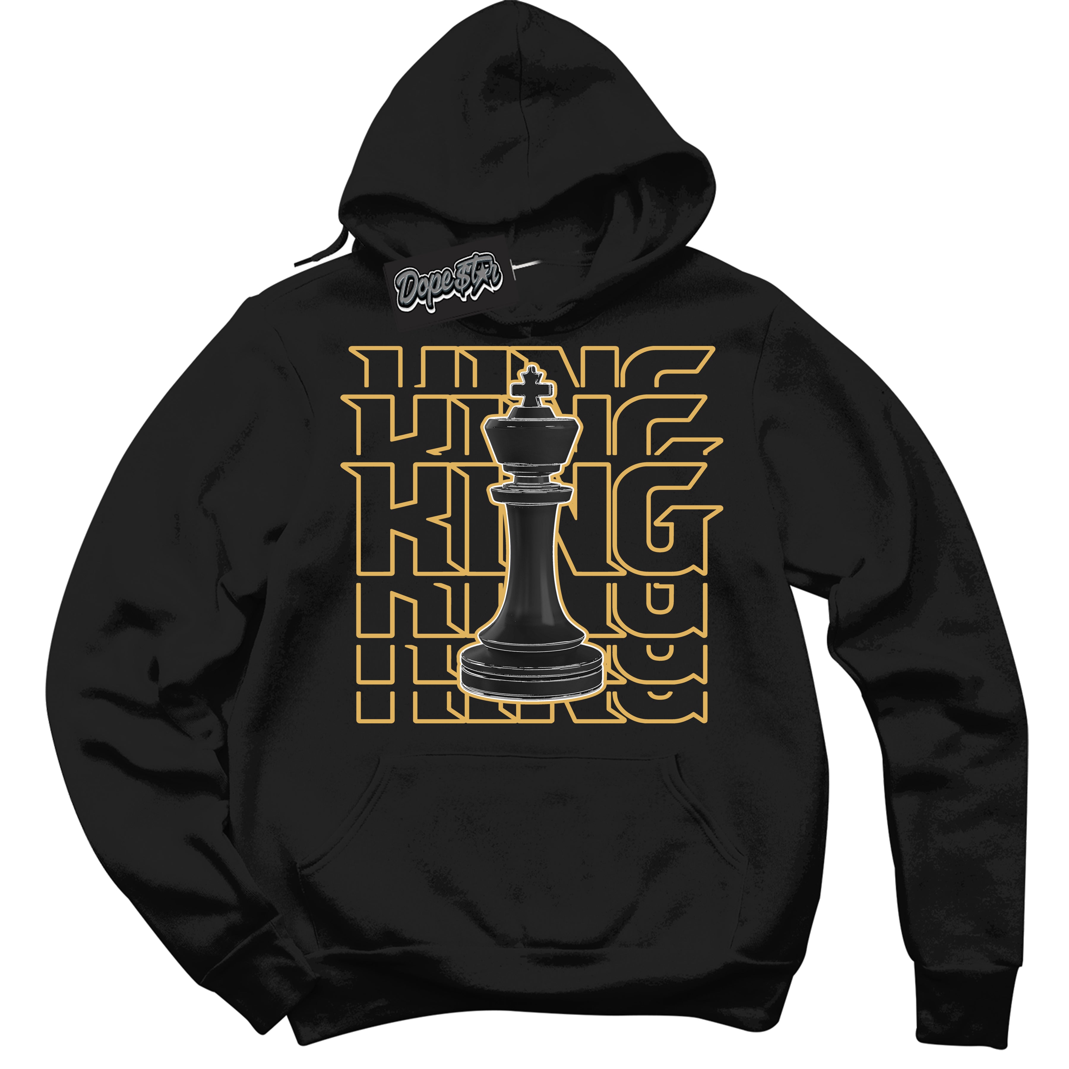 Cool Black Hoodie with “ King Chess ”  design that Perfectly Matches Gold Swoosh 1s Sneakers.
