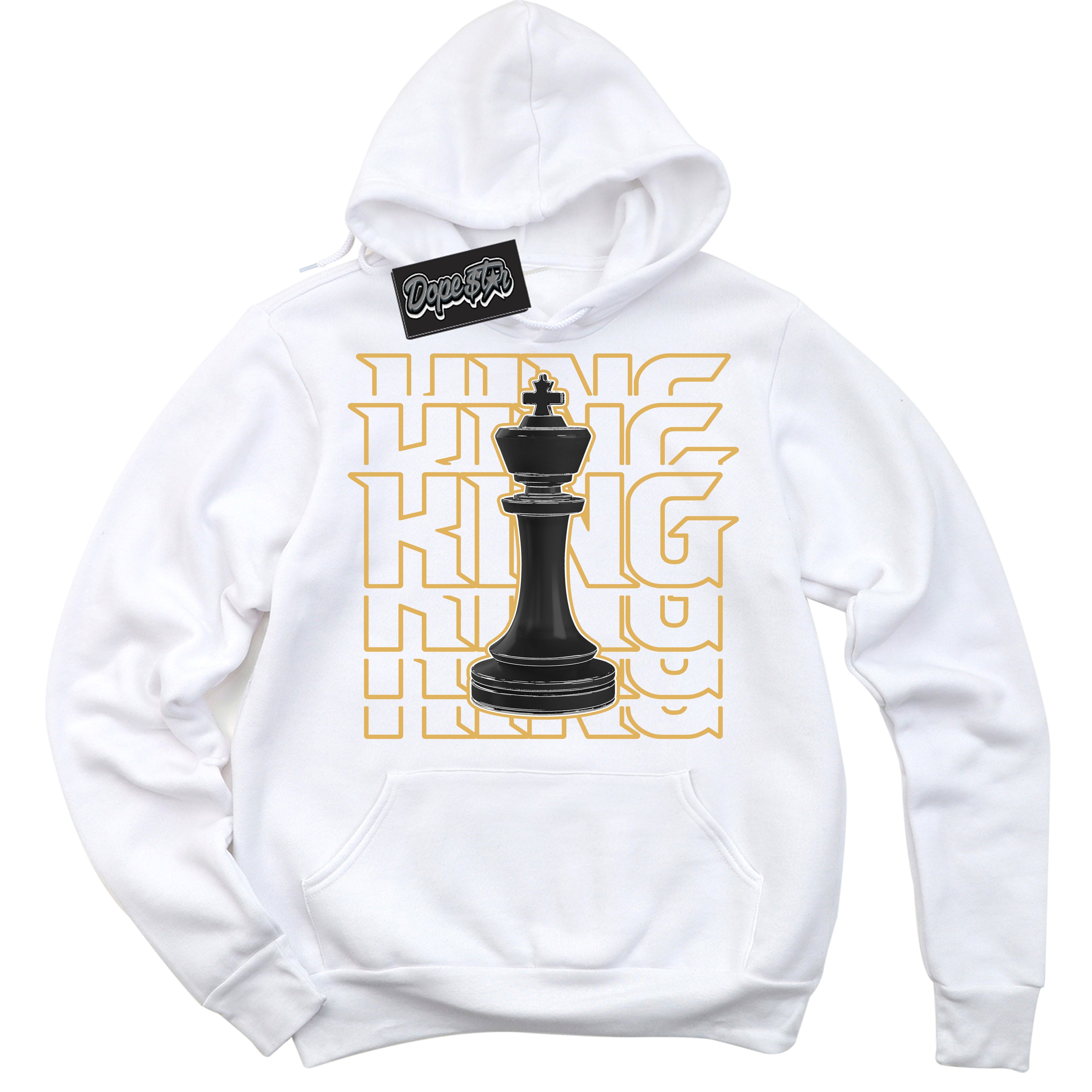 Cool White Hoodie with “ King Chess ”  design that Perfectly Matches Gold Swoosh 1s Sneakers.
