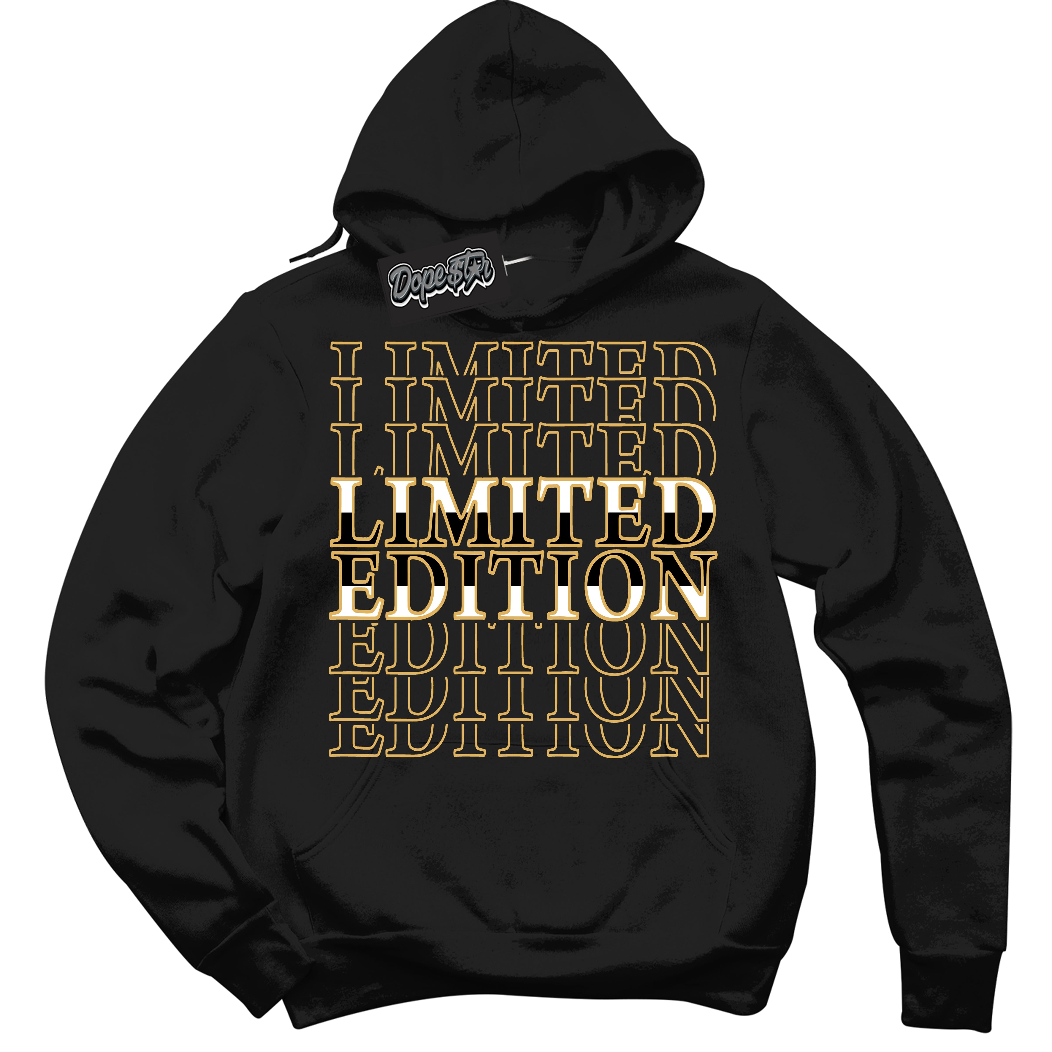 Cool Black Hoodie with “ Limited Edition ”  design that Perfectly Matches Gold Swoosh 1s Sneakers.
