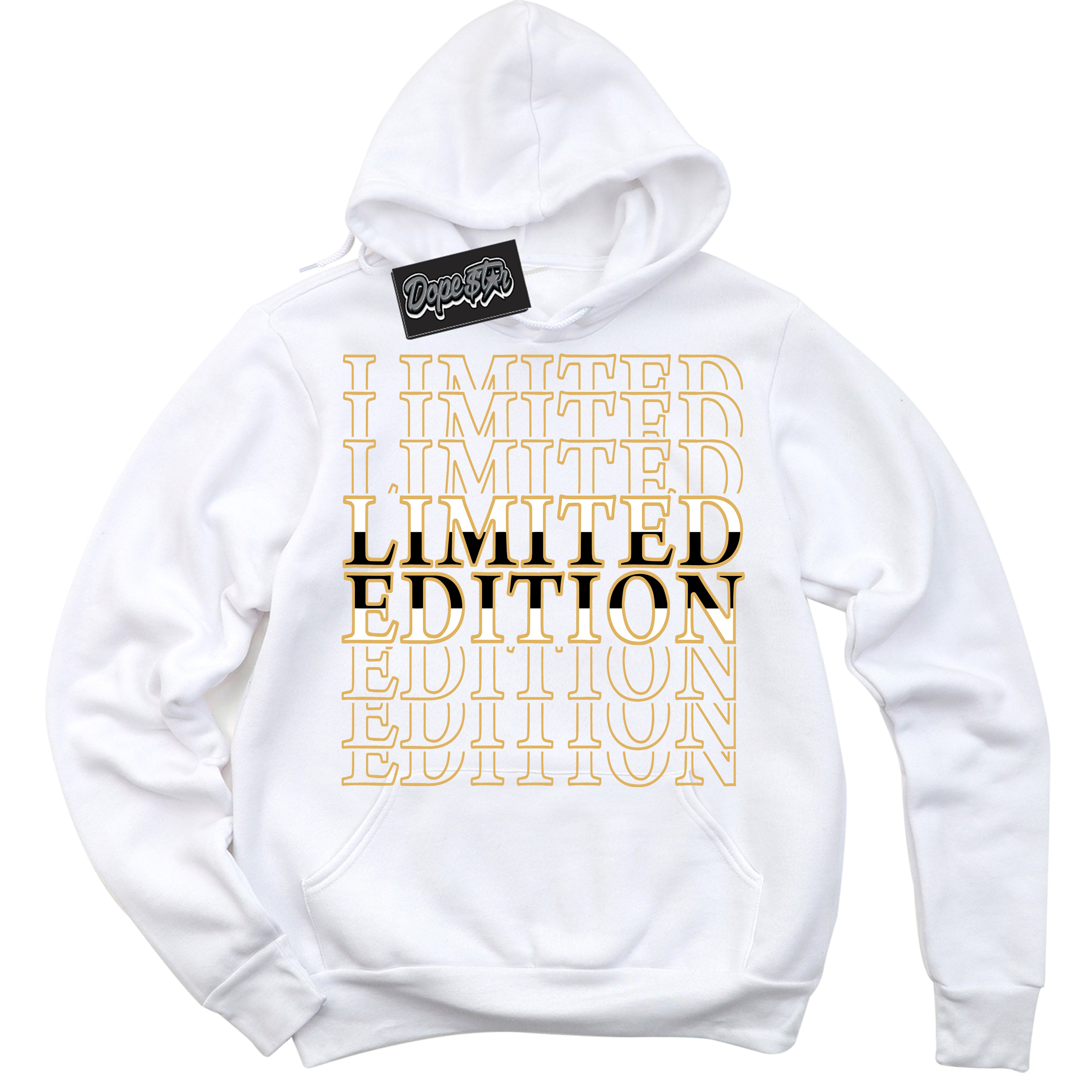 Cool White Hoodie with “ Limited Edition ”  design that Perfectly Matches Gold Swoosh 1s Sneakers.
