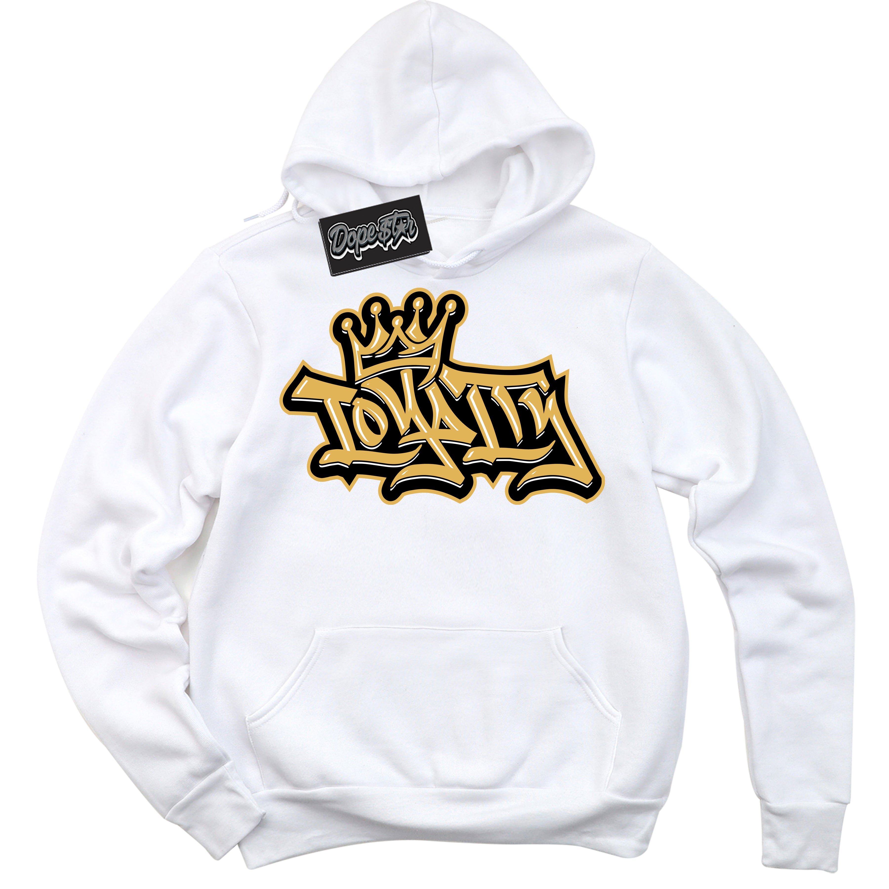 Cool White Hoodie with “ Loyalty Crown ”  design that Perfectly Matches Gold Swoosh 1s Sneakers.
