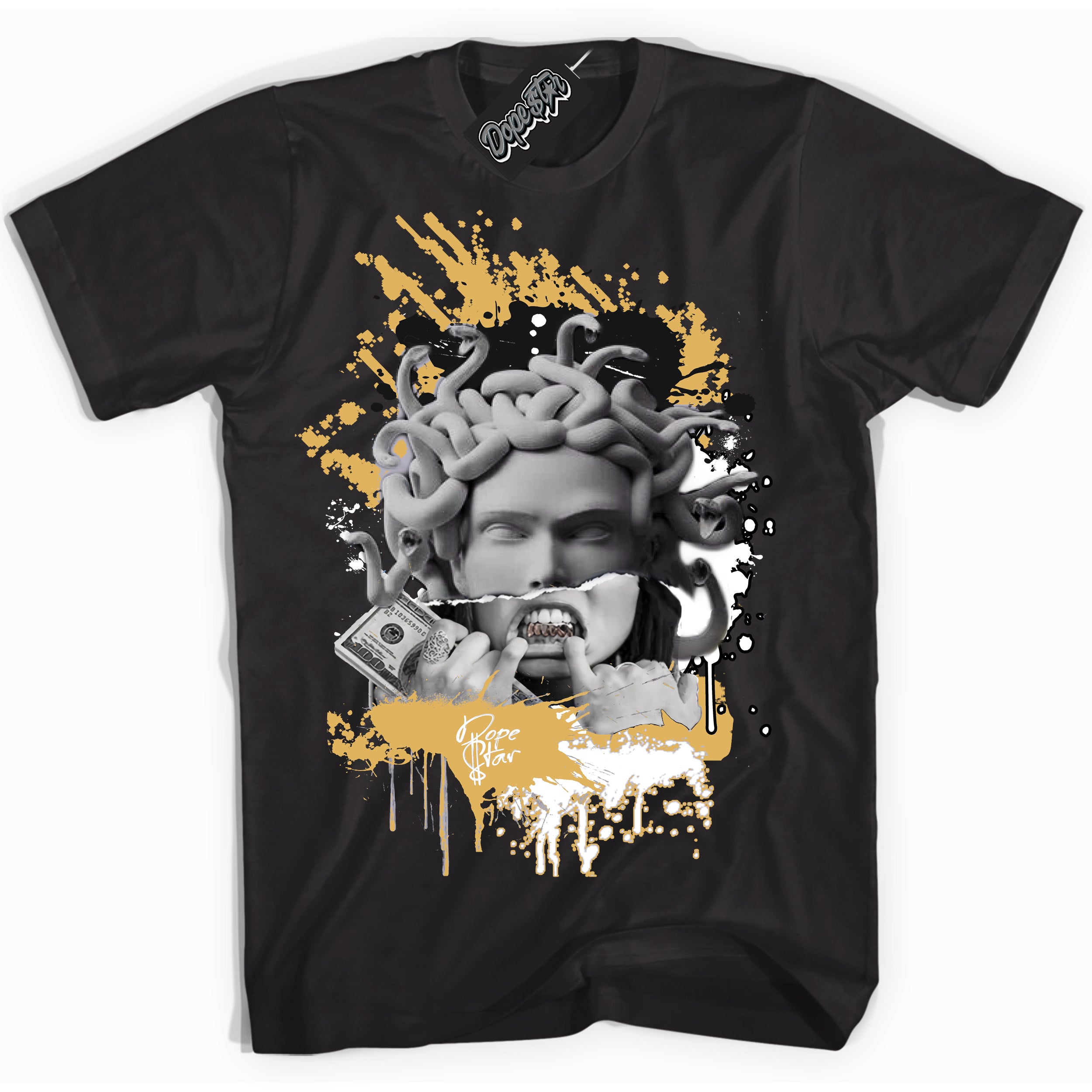 Cool Black Shirt with “ Medusa ” design that perfectly matches Gold Swoosh 1s Sneakers.
