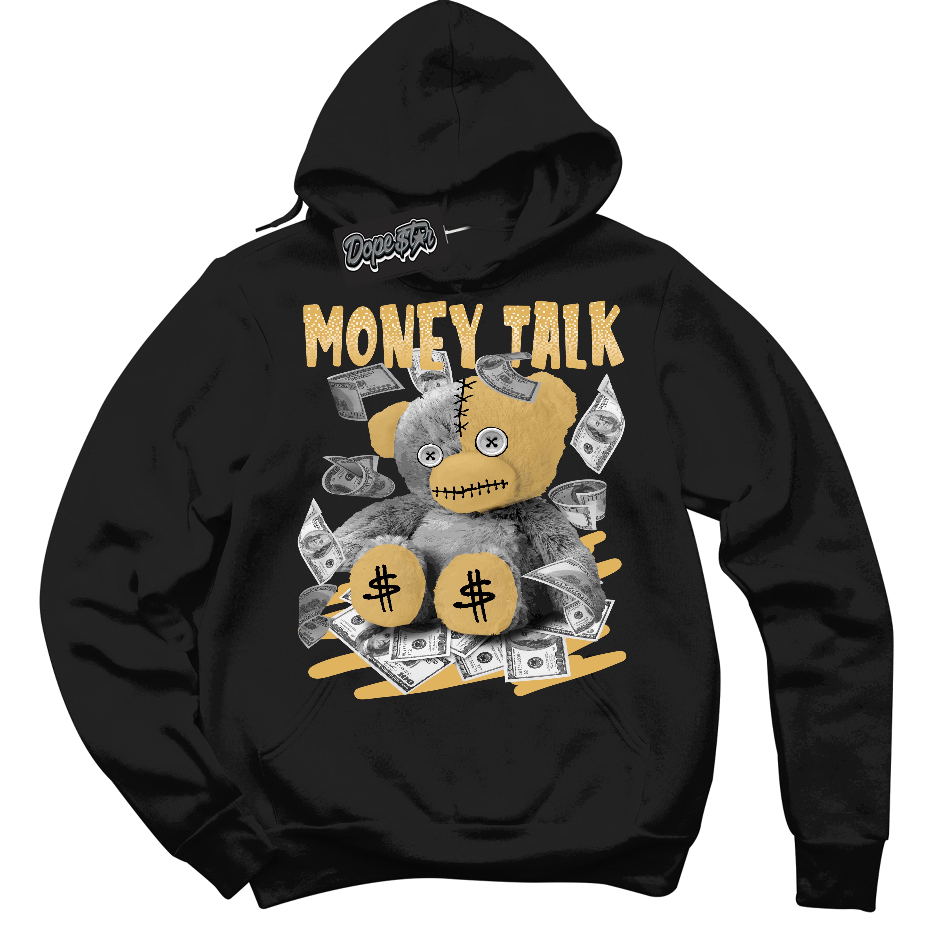 Cool Black Hoodie with “ Money Talk Bear ”  design that Perfectly Matches Gold Swoosh 1s Sneakers.
