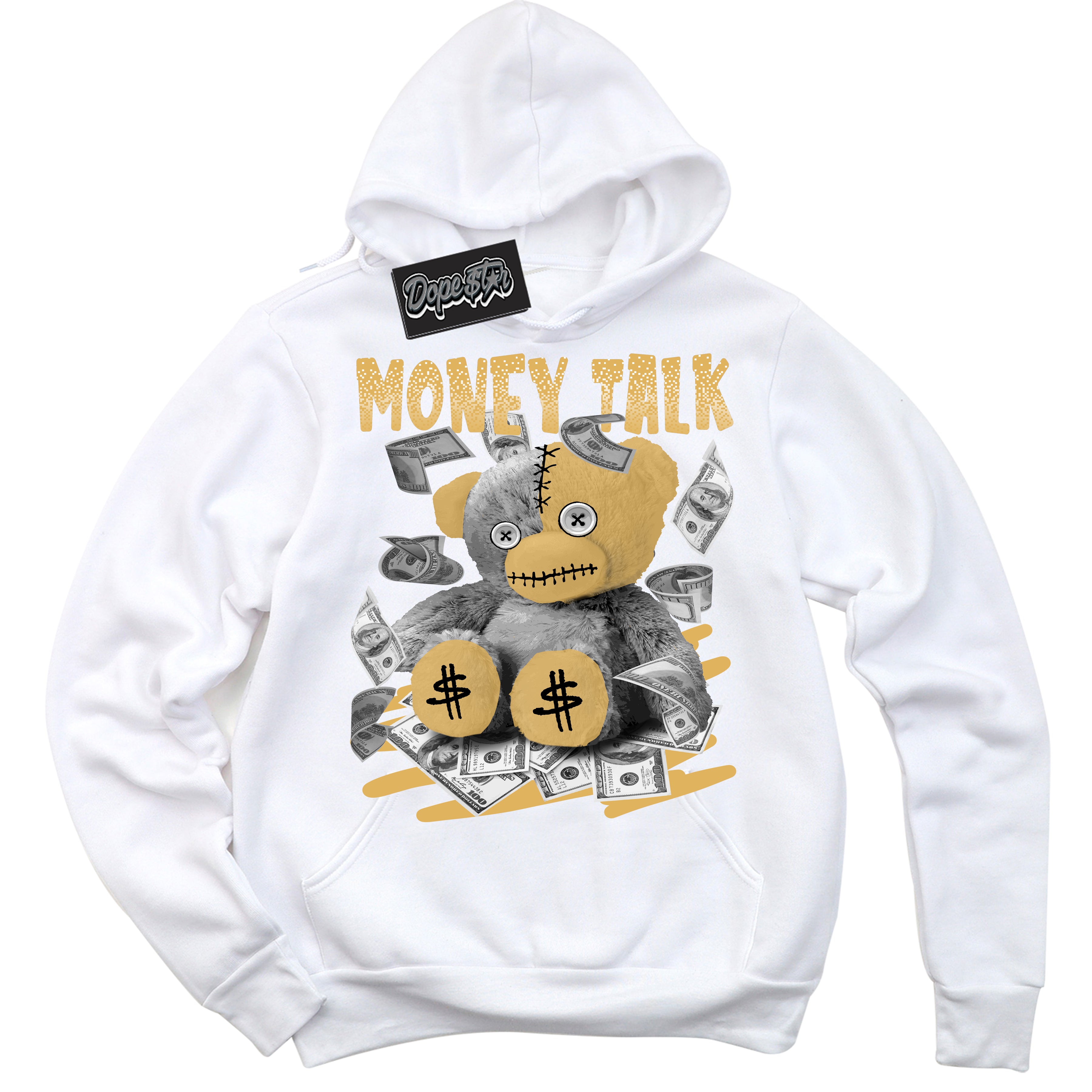 Cool White Hoodie with “ Money Talk Bear ”  design that Perfectly Matches Gold Swoosh 1s Sneakers.
