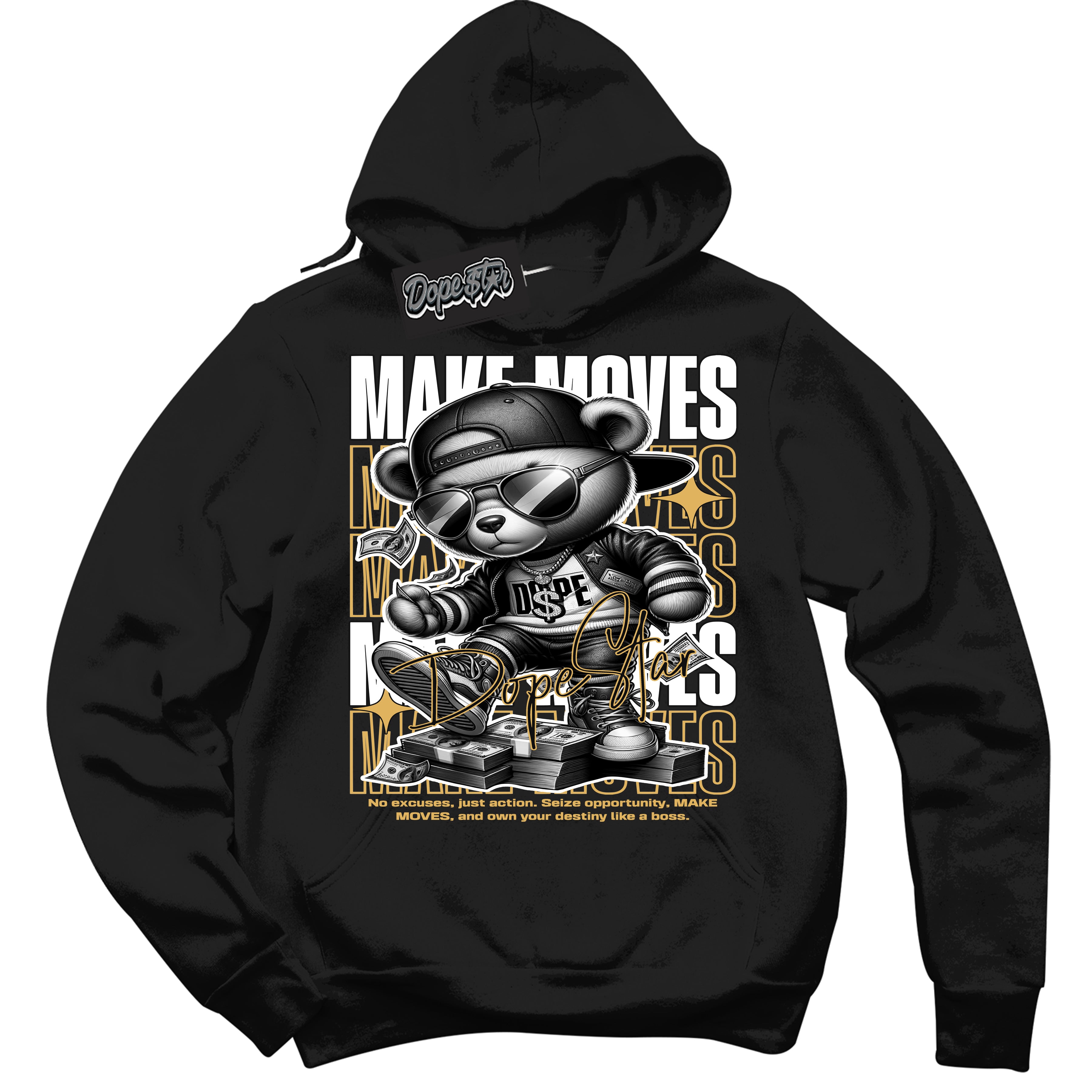 Cool Black Hoodie with “ Make Moves ”  design that Perfectly Matches Gold Swoosh 1s Sneakers.
