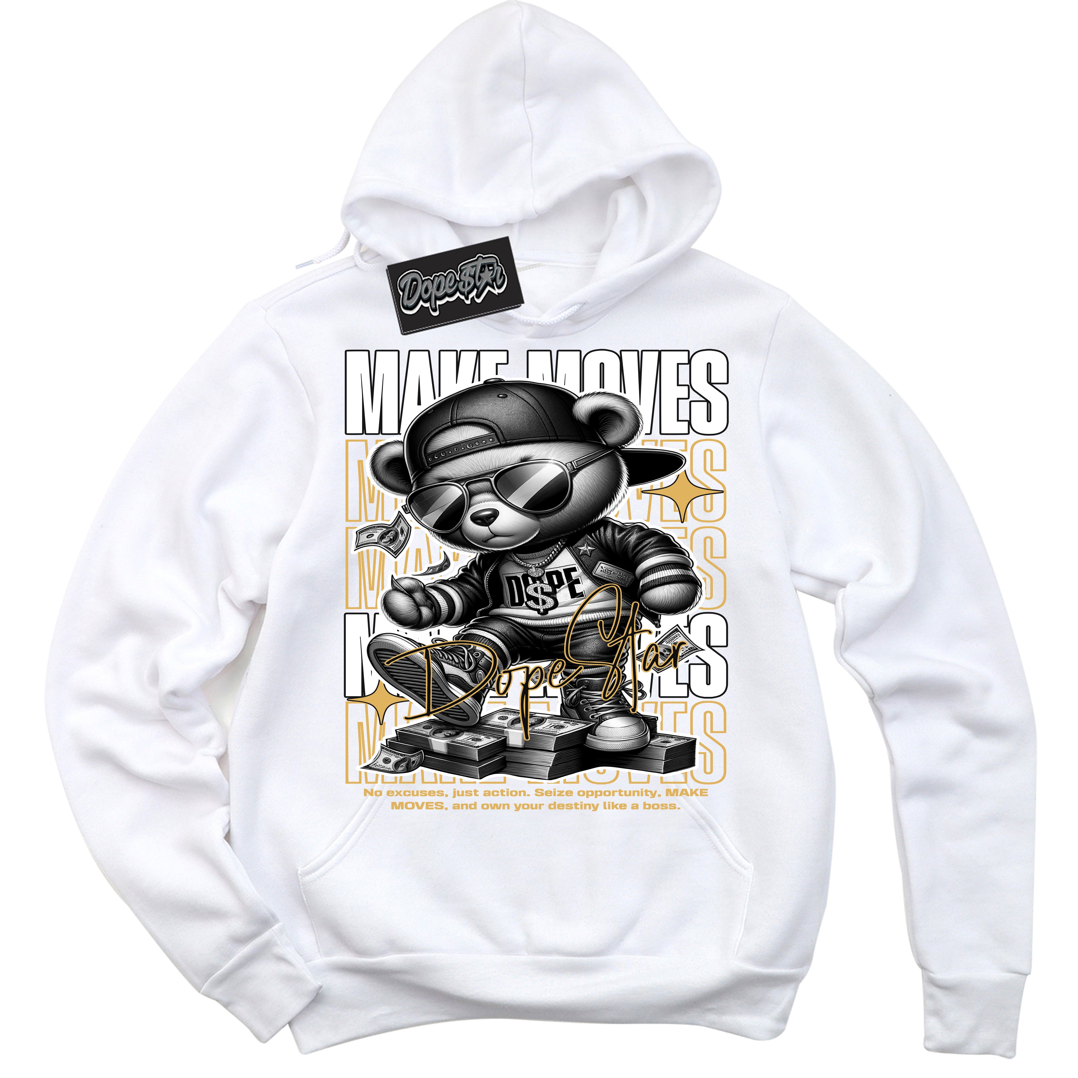 Cool White Hoodie with “ Make Moves ”  design that Perfectly Matches Gold Swoosh 1s Sneakers.
