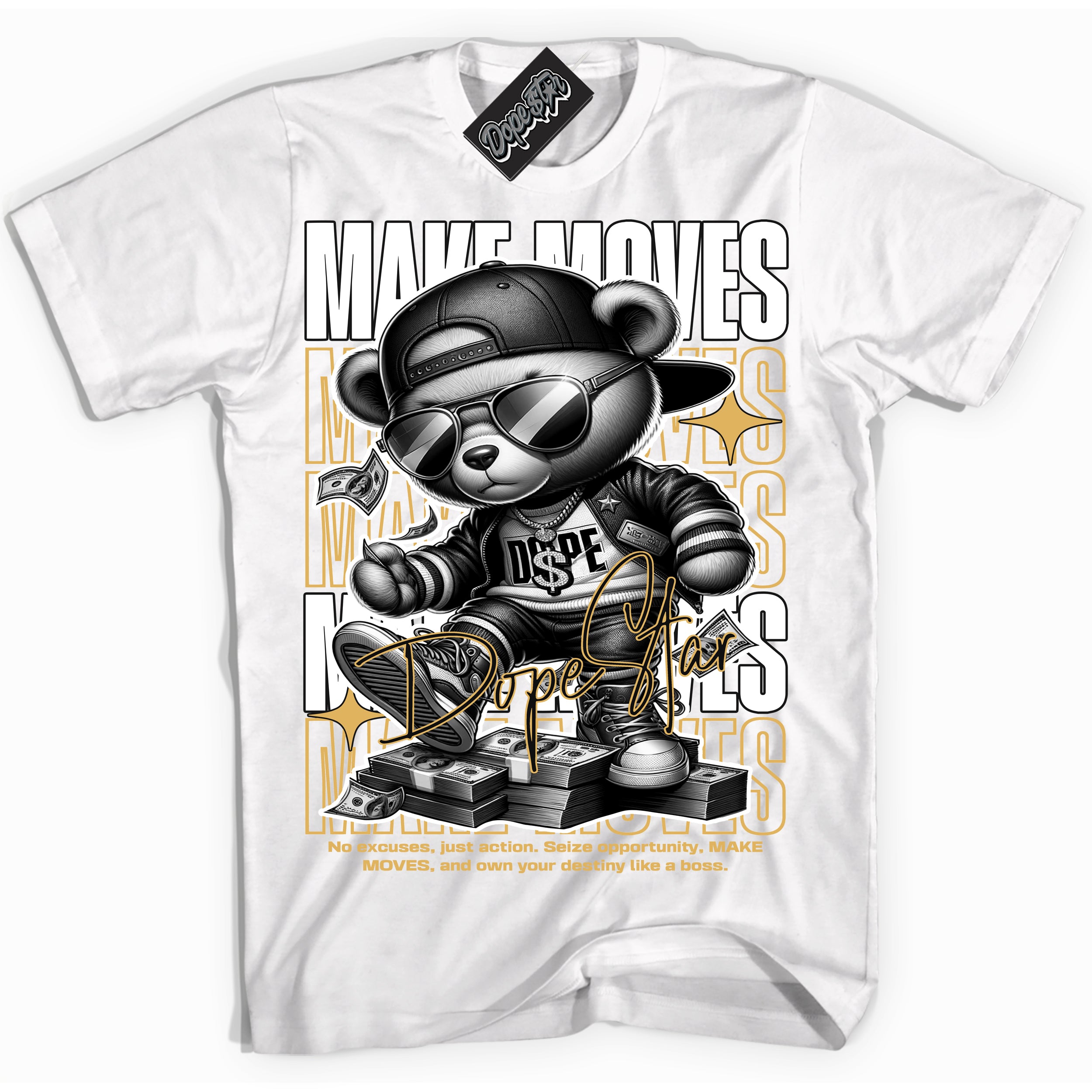 Cool White Shirt with “ Make Moves ” design that perfectly matches Gold Swoosh 1s Sneakers.
