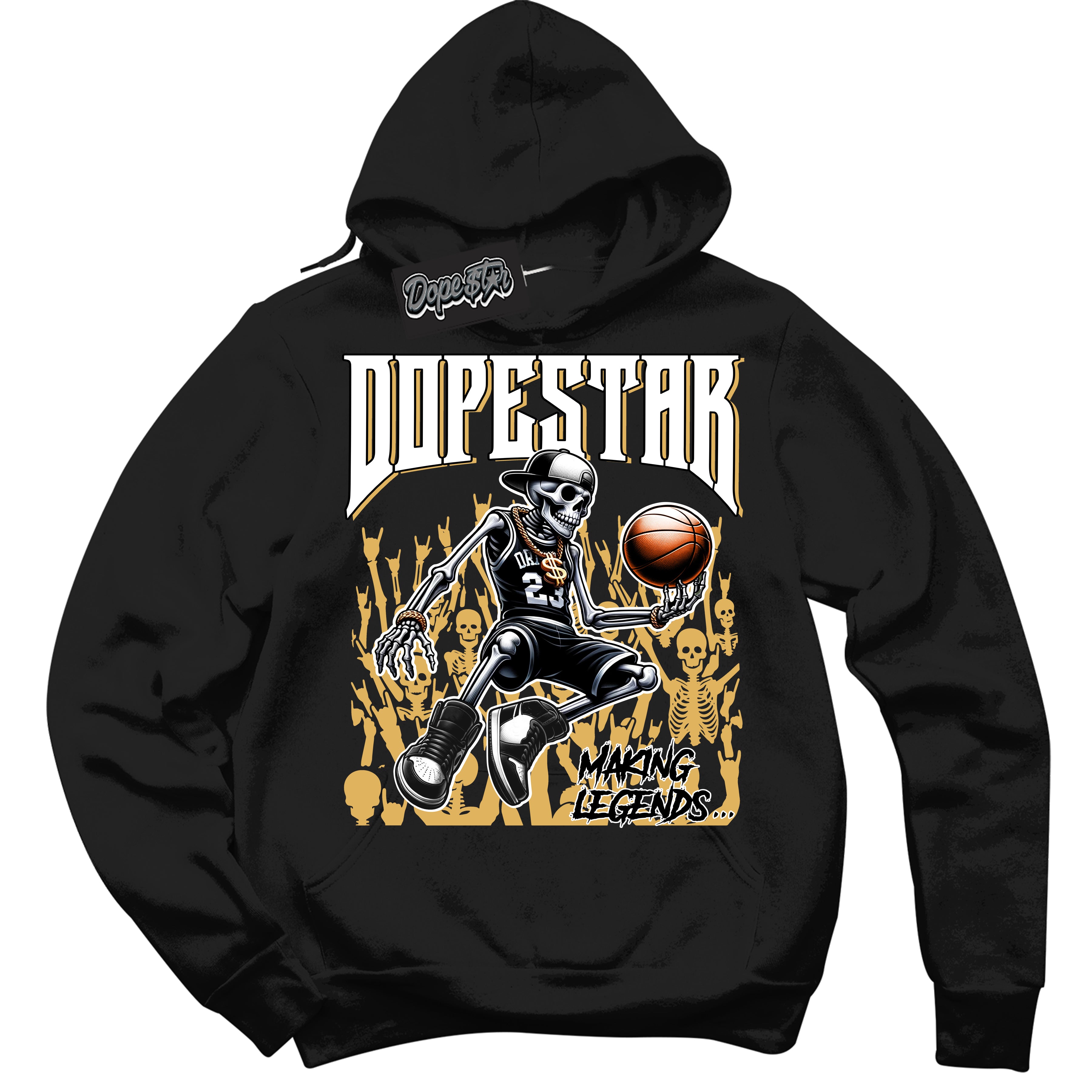 Cool Black Hoodie with “ Making Legends ”  design that Perfectly Matches Gold Swoosh 1s Sneakers.
