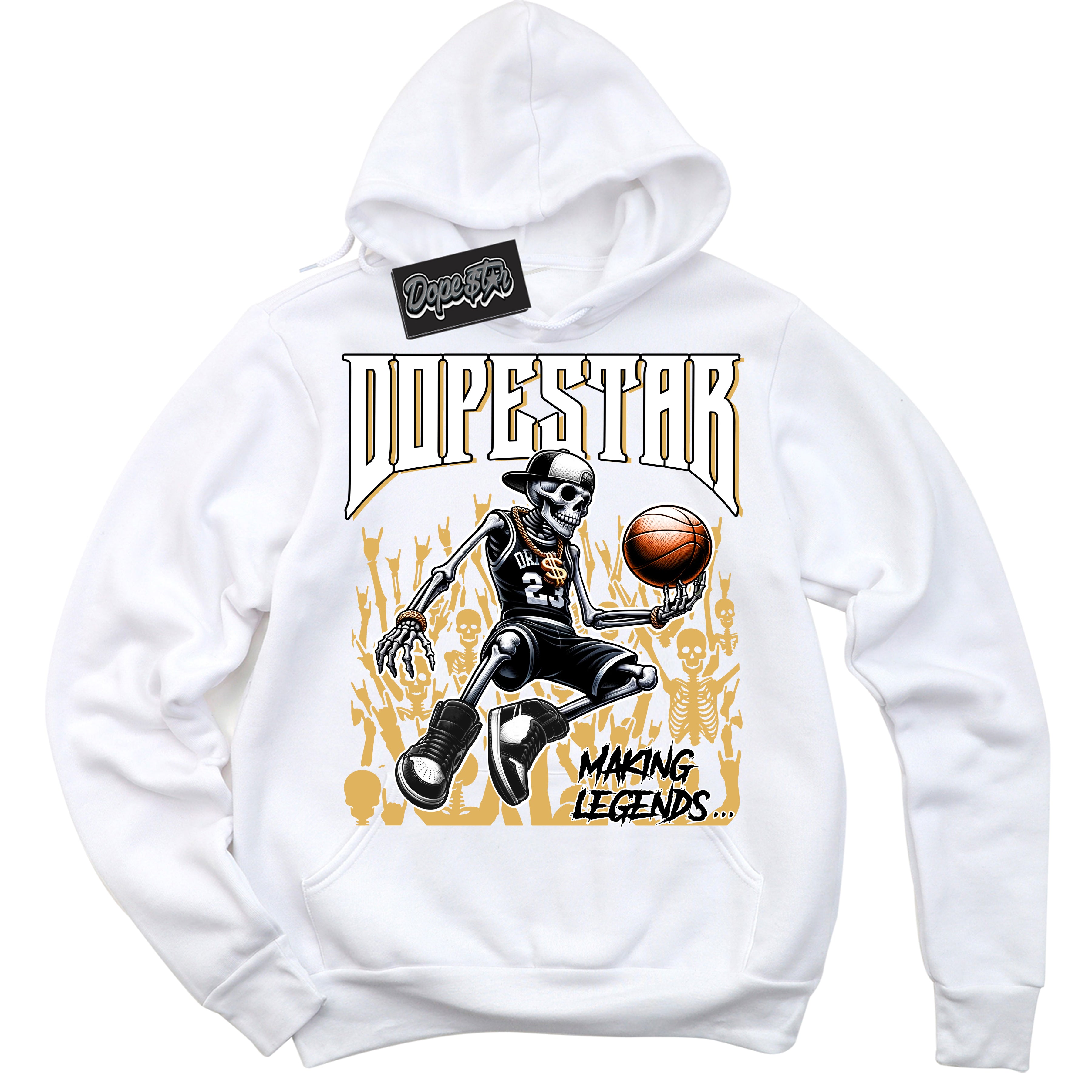 Cool White Hoodie with “ Making Legends ”  design that Perfectly Matches Gold Swoosh 1s Sneakers.
