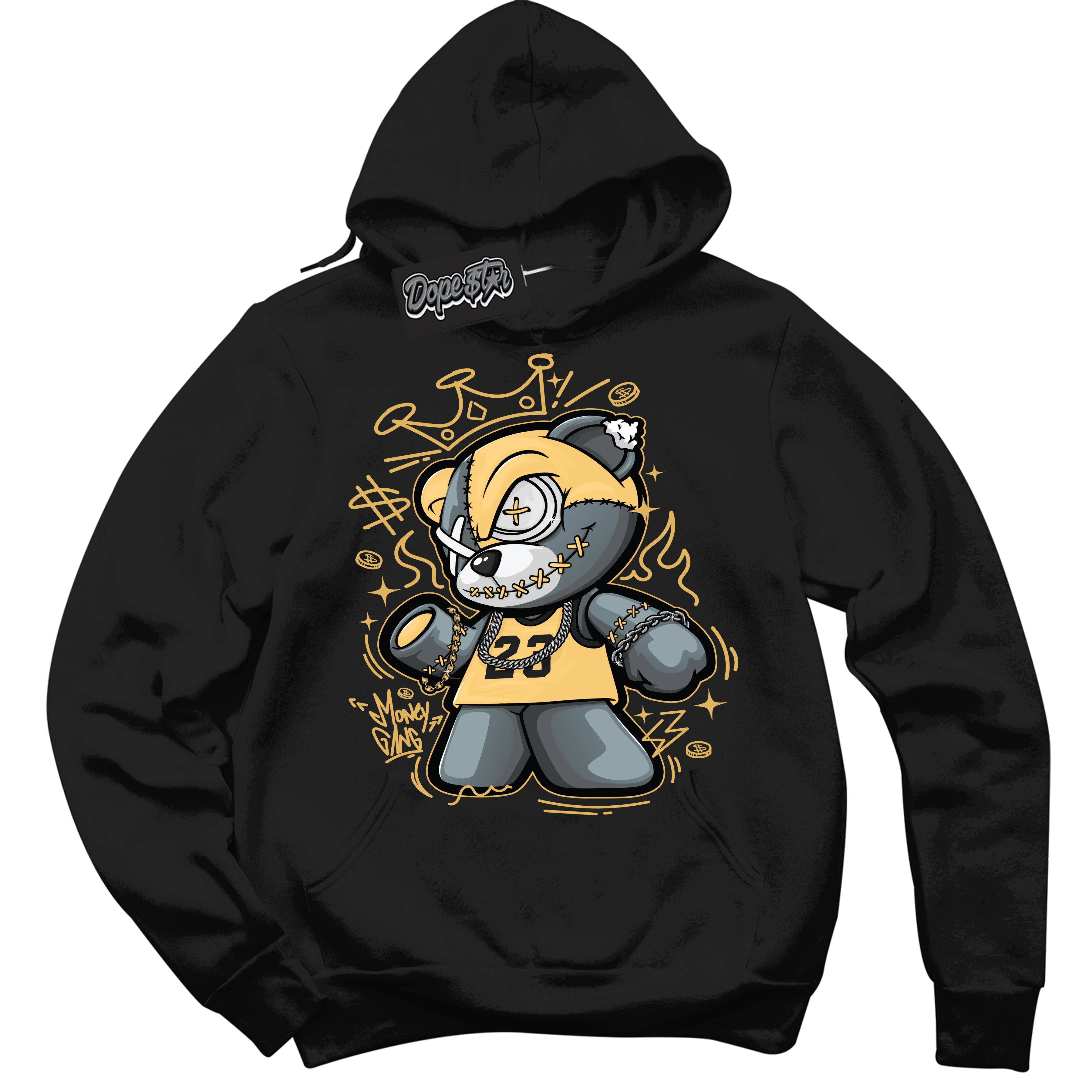 Cool Black Hoodie with “ Money Gang Bear ”  design that Perfectly Matches Gold Swoosh 1s Sneakers.
