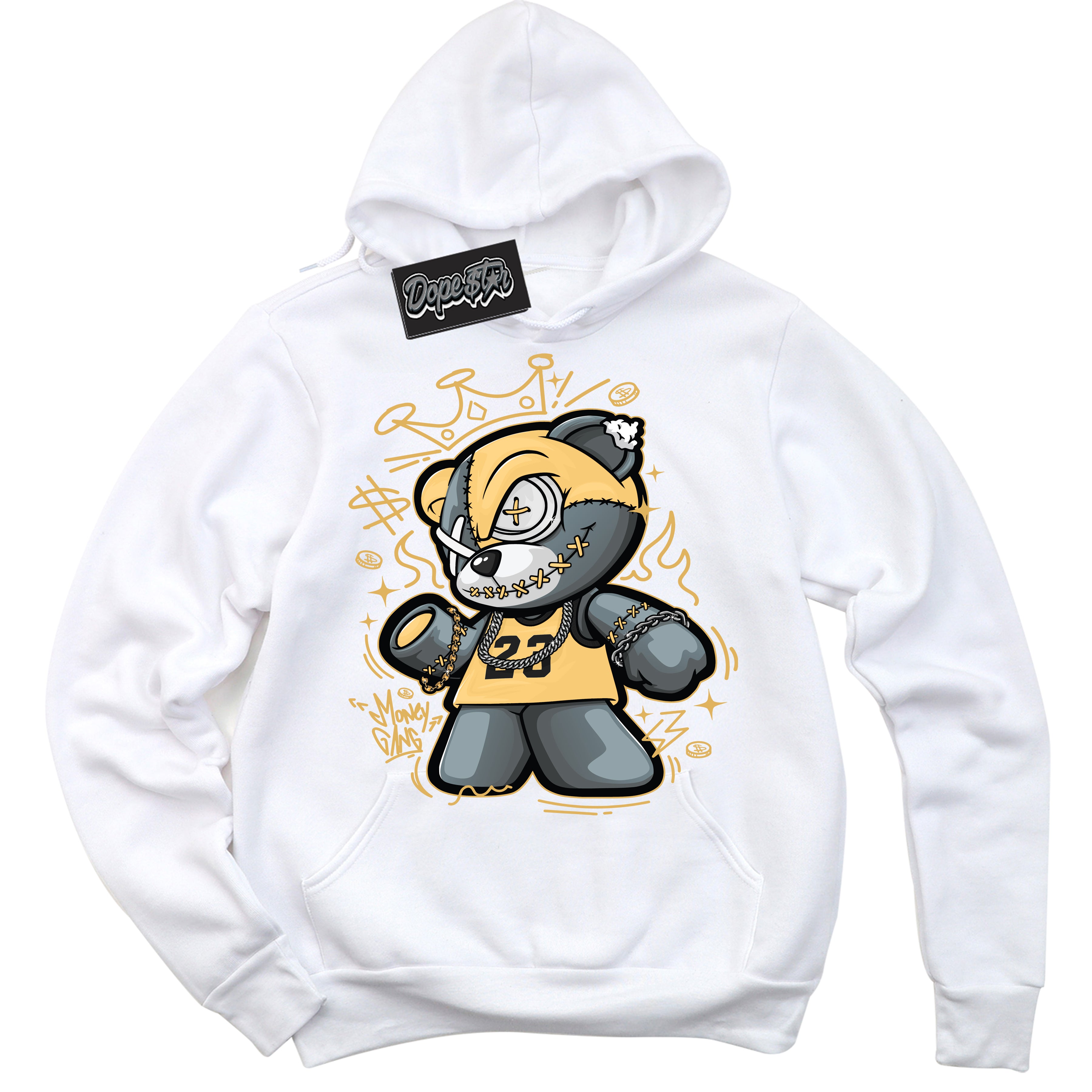 Cool White Hoodie with “ Money Gang Bear ”  design that Perfectly Matches Gold Swoosh 1s Sneakers.
