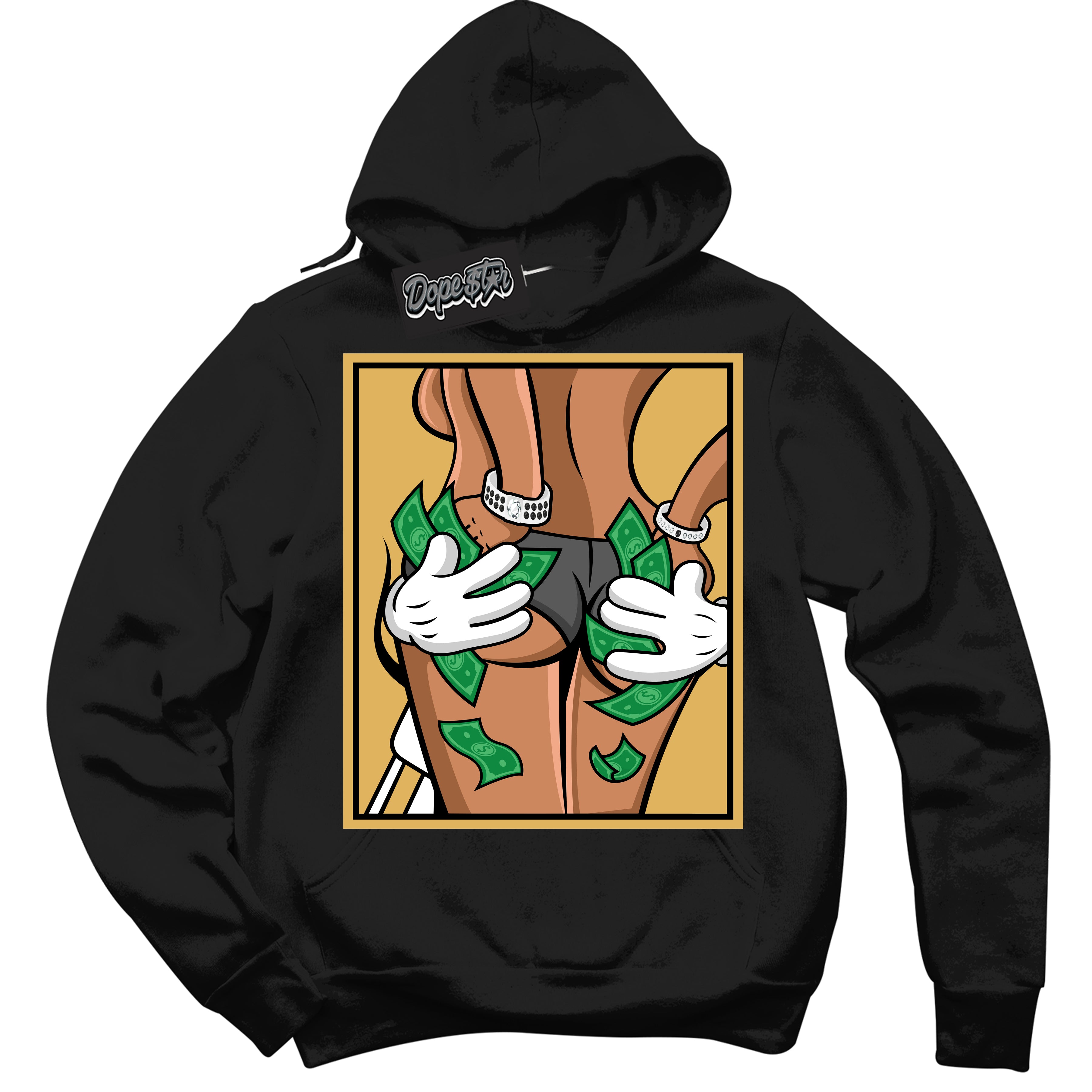 Cool Black Hoodie with “ Money Hands ”  design that Perfectly Matches Gold Swoosh 1s Sneakers.
