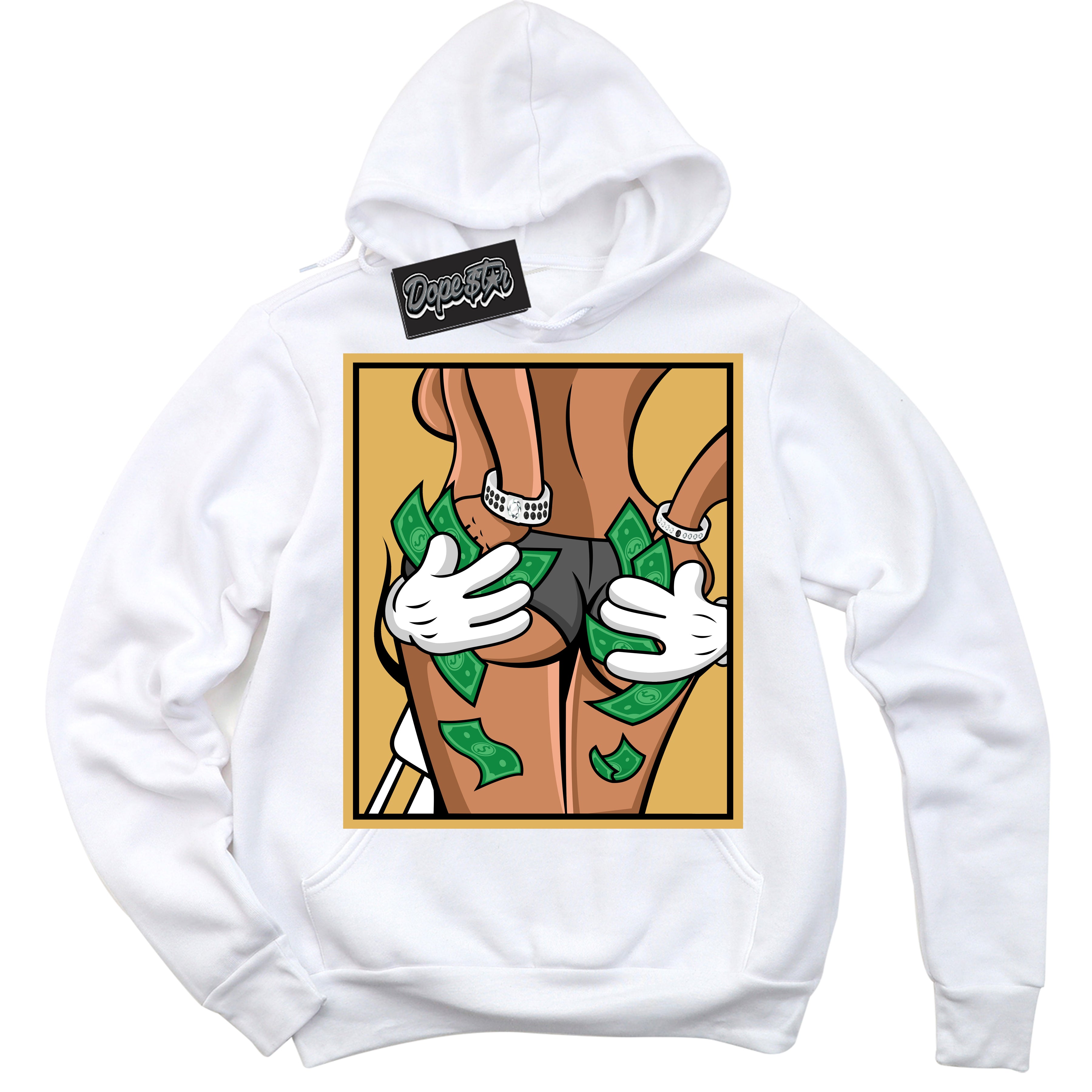 Cool White Hoodie with “ Money Hands ”  design that Perfectly Matches Gold Swoosh 1s Sneakers.
