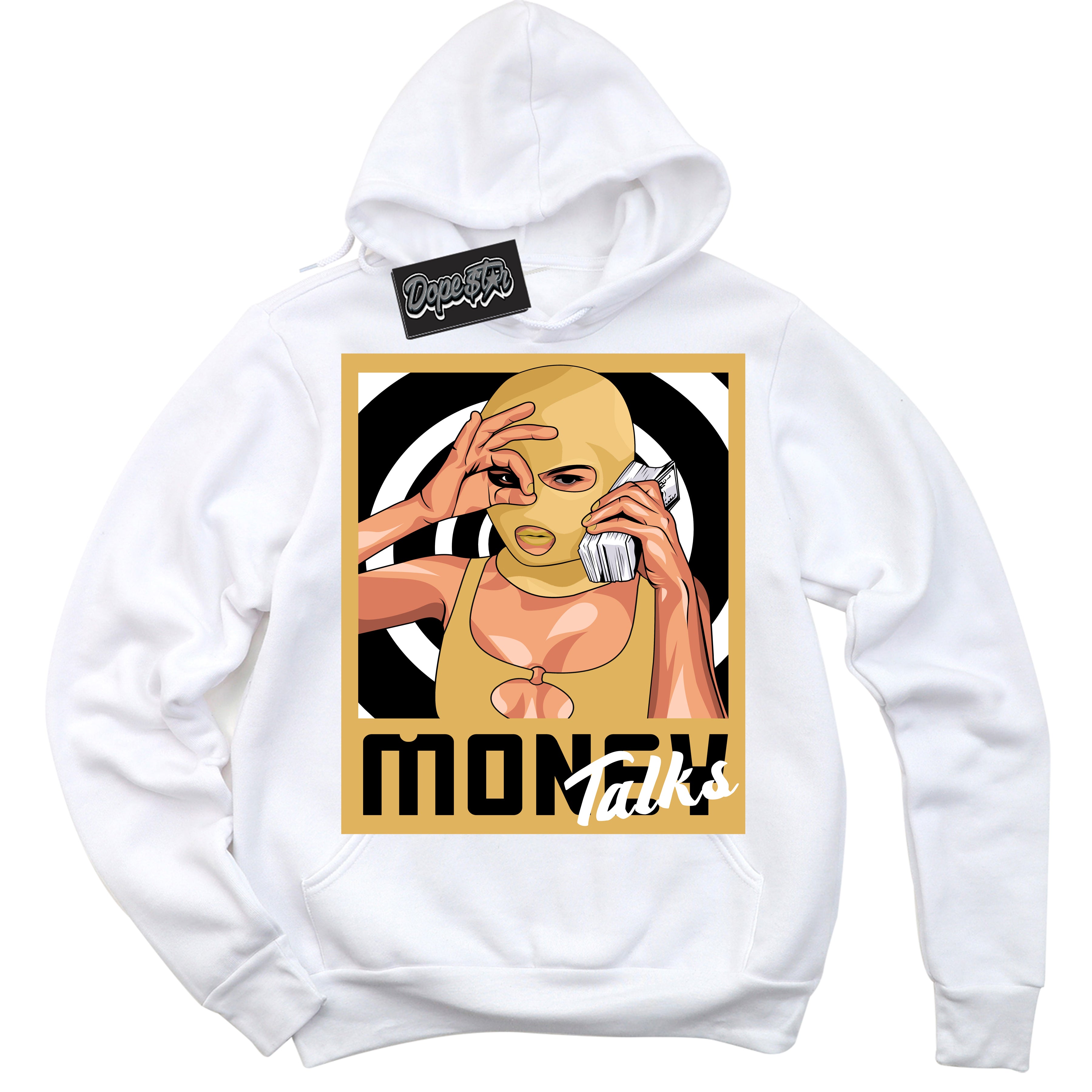 Cool White Hoodie with “ Money Talks ”  design that Perfectly Matches Gold Swoosh 1s Sneakers.
