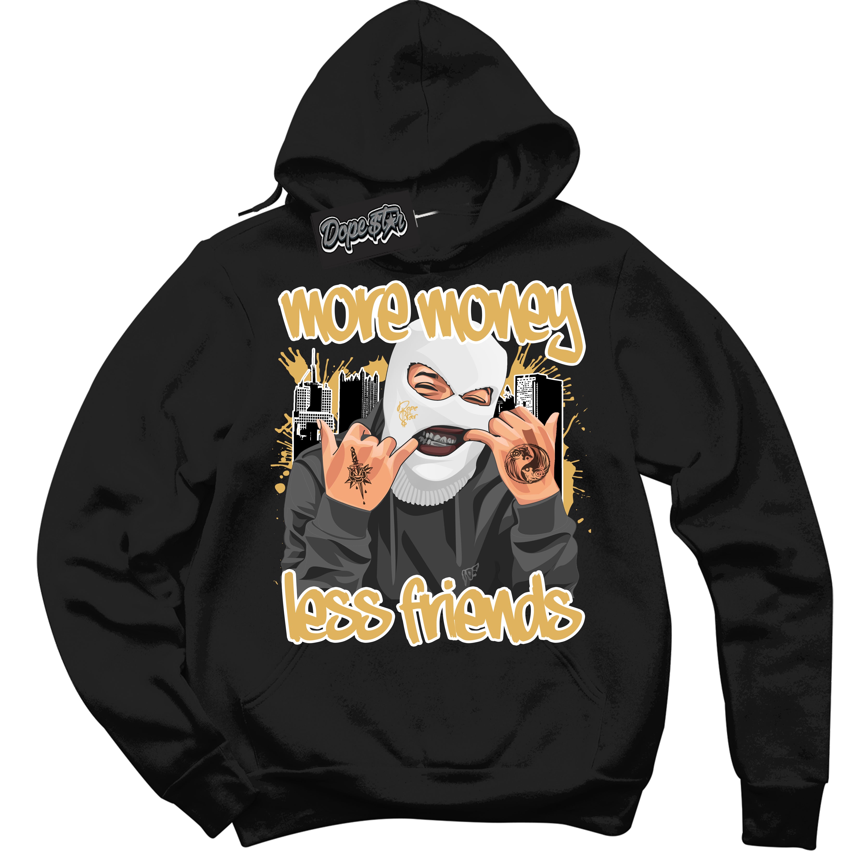 Cool Black Hoodie with “ More Money Less Friends ”  design that Perfectly Matches Gold Swoosh 1s Sneakers.
