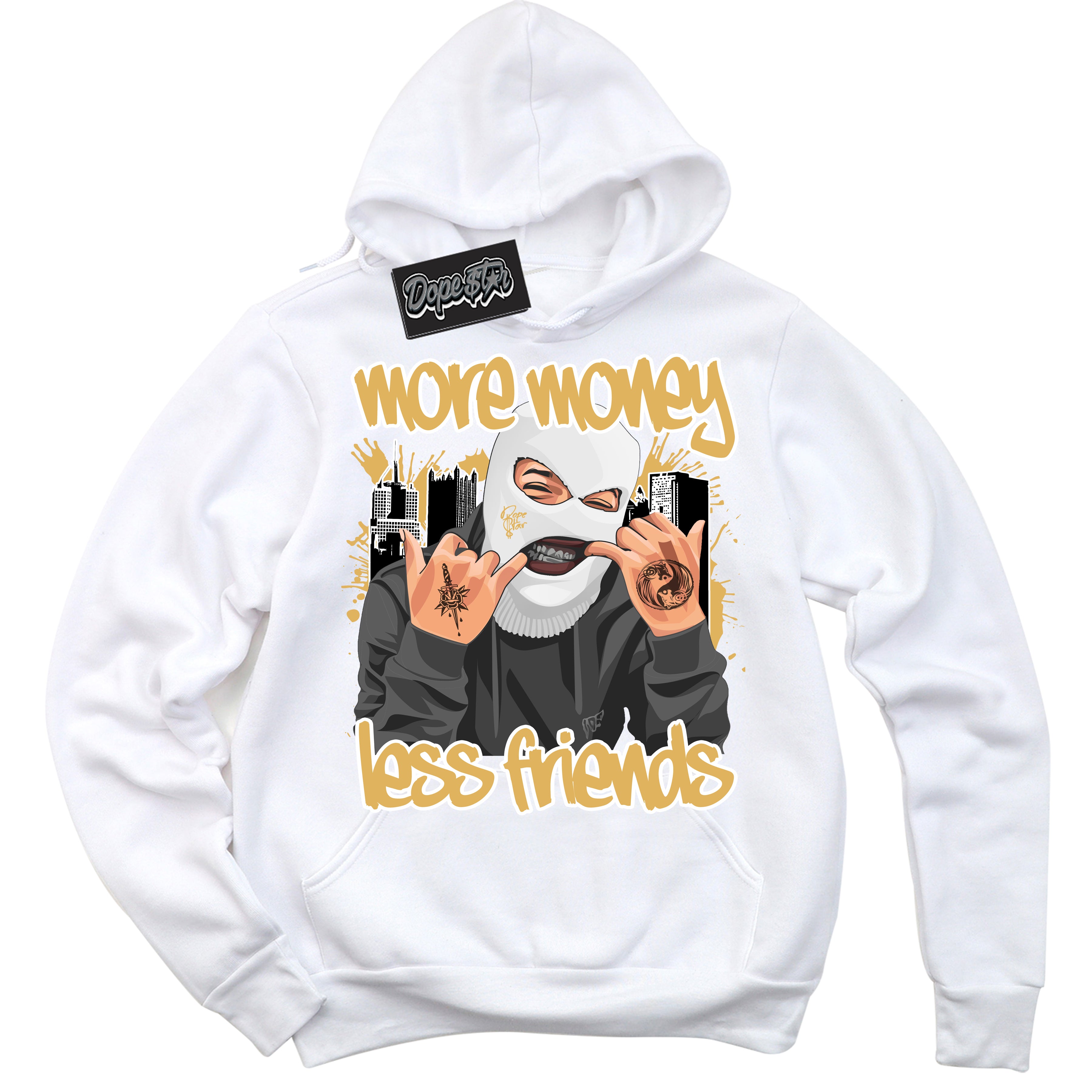 Cool White Hoodie with “ More Money Less Friends ”  design that Perfectly Matches Gold Swoosh 1s Sneakers.
