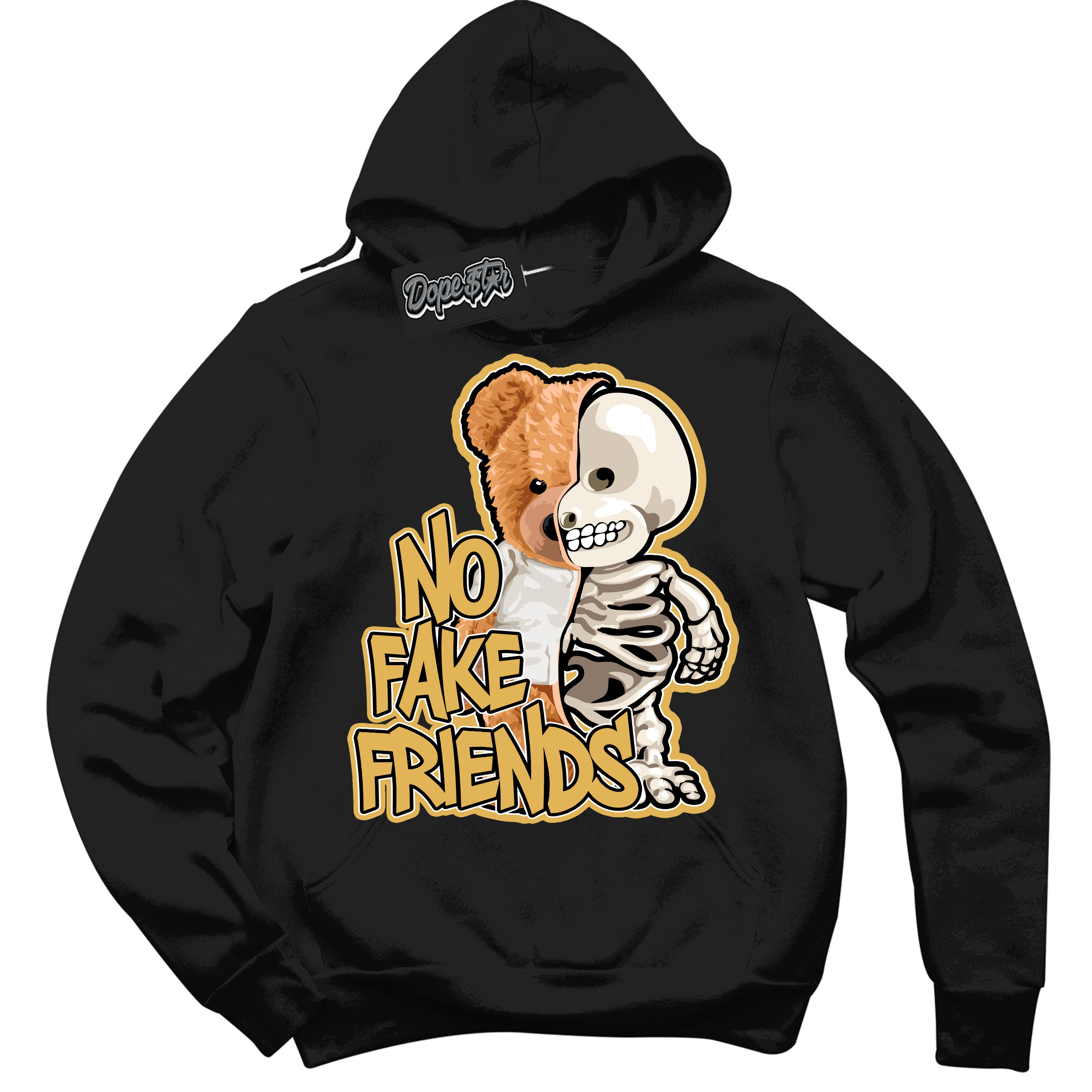 Cool Black Hoodie with “ No Fake Friends ”  design that Perfectly Matches Gold Swoosh 1s Sneakers.
