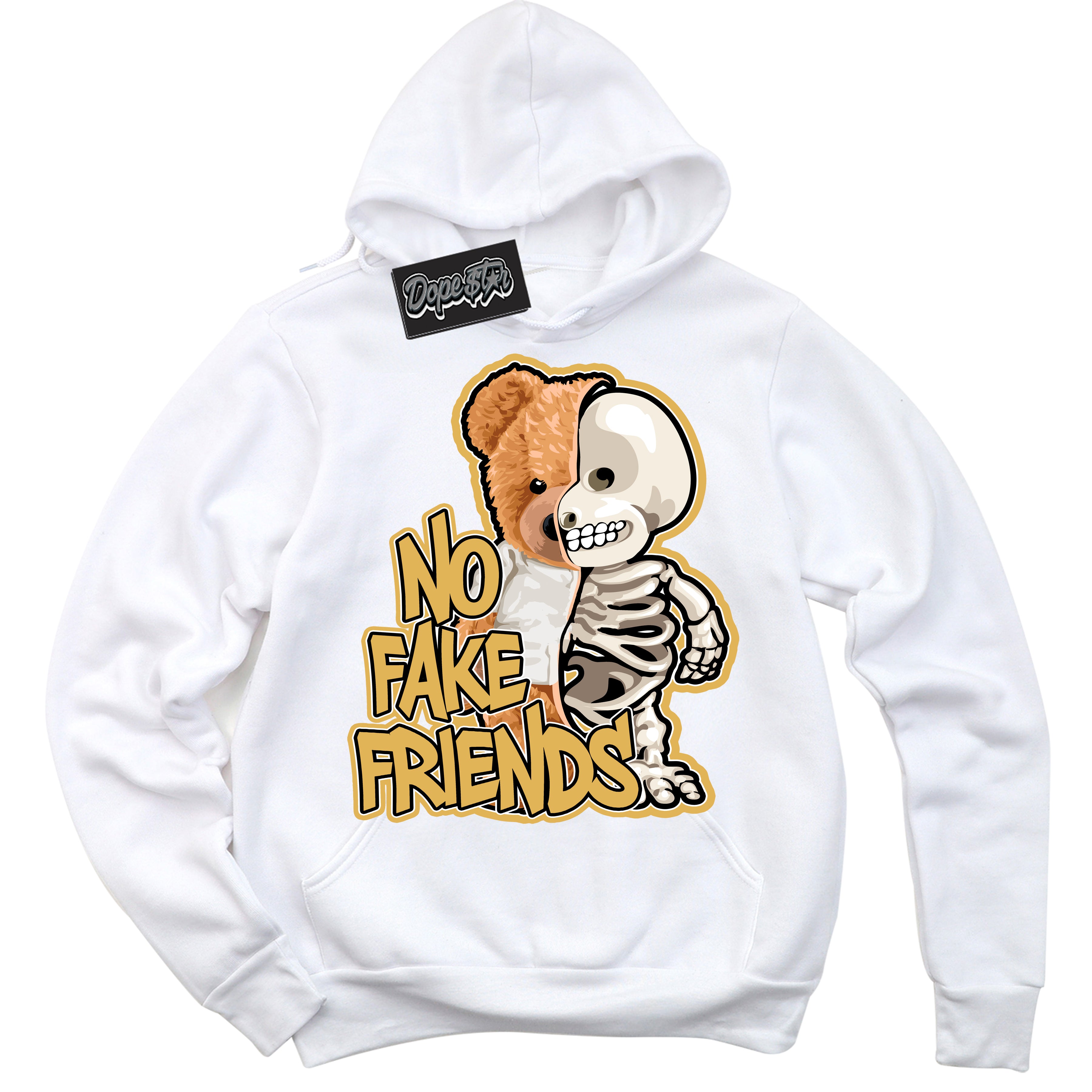 Cool White Hoodie with “ No Fake Friends ”  design that Perfectly Matches Gold Swoosh 1s Sneakers.
