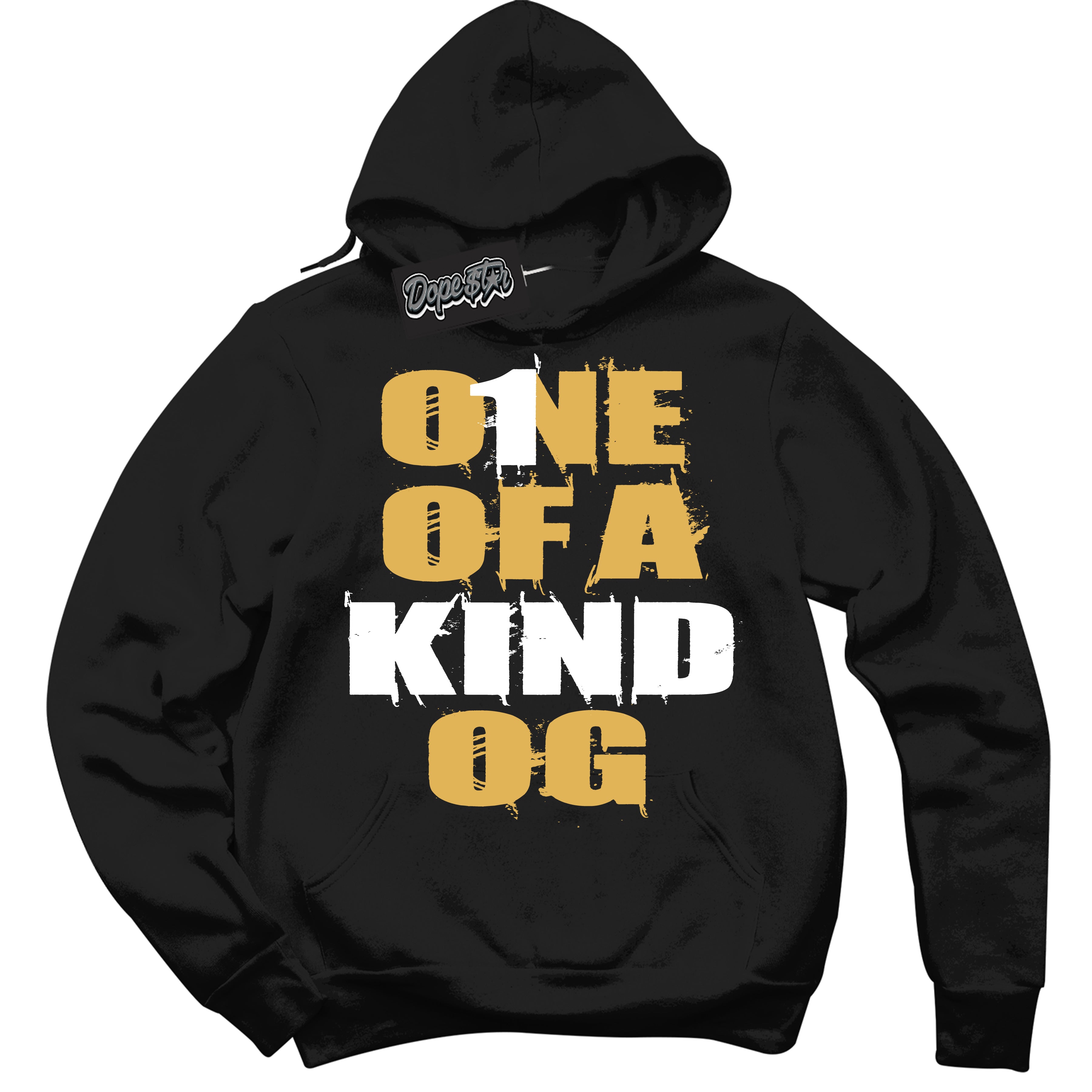 Cool Black Hoodie with “ One Of A Kind ”  design that Perfectly Matches Gold Swoosh 1s Sneakers.
