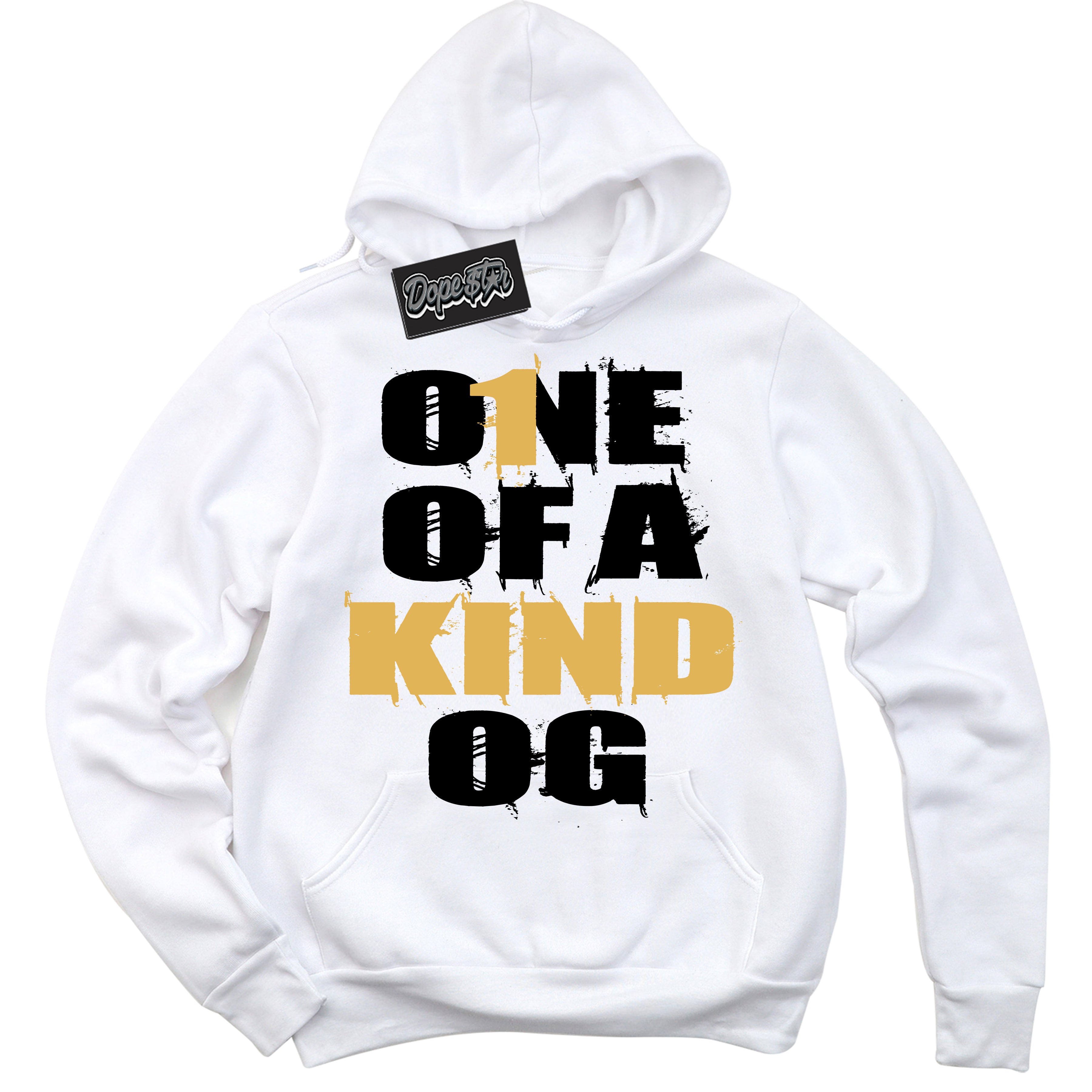 Cool White Hoodie with “ One Of A Kind ”  design that Perfectly Matches Gold Swoosh 1s Sneakers.
