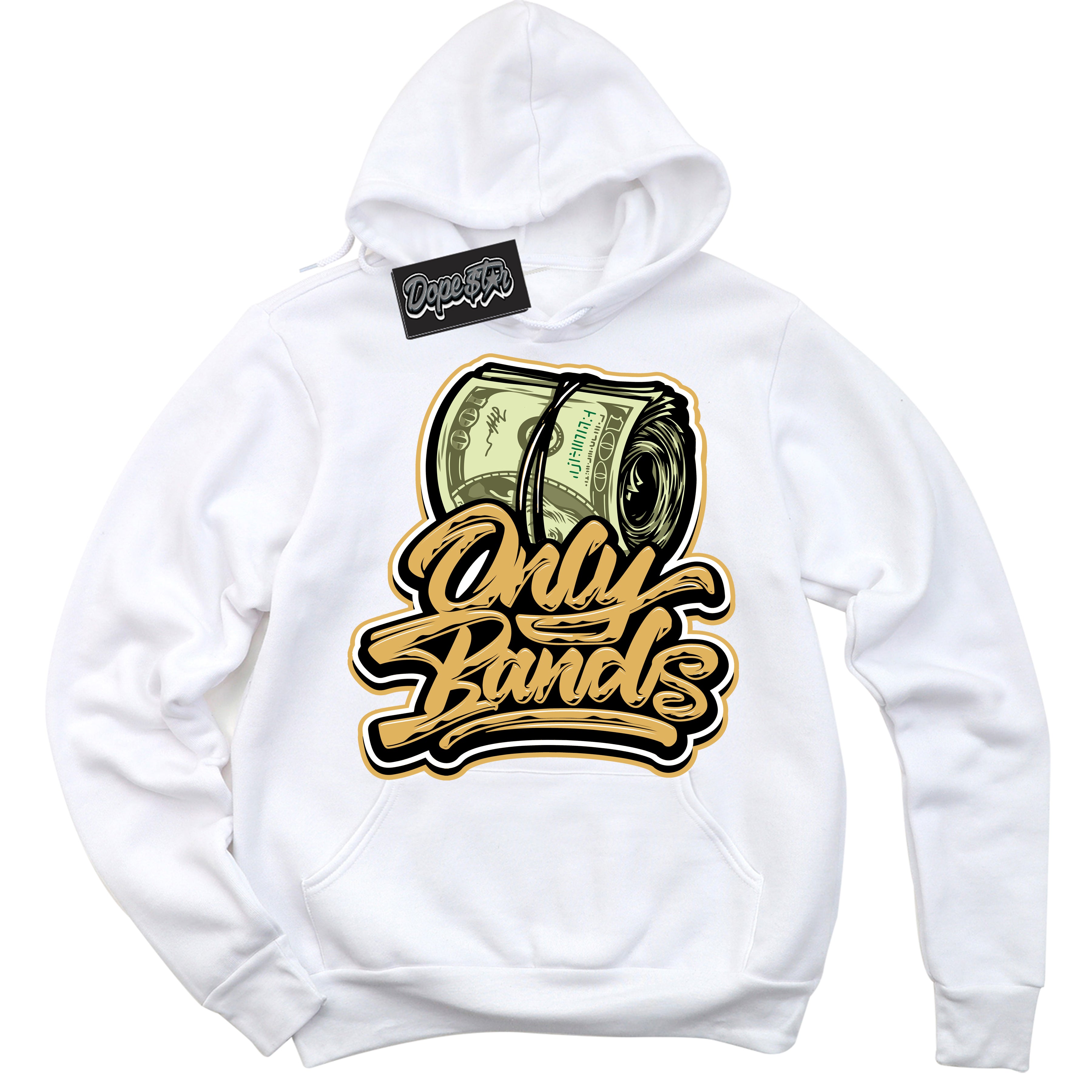 Cool White Hoodie with “ Only Bands ”  design that Perfectly Matches Gold Swoosh 1s Sneakers.
