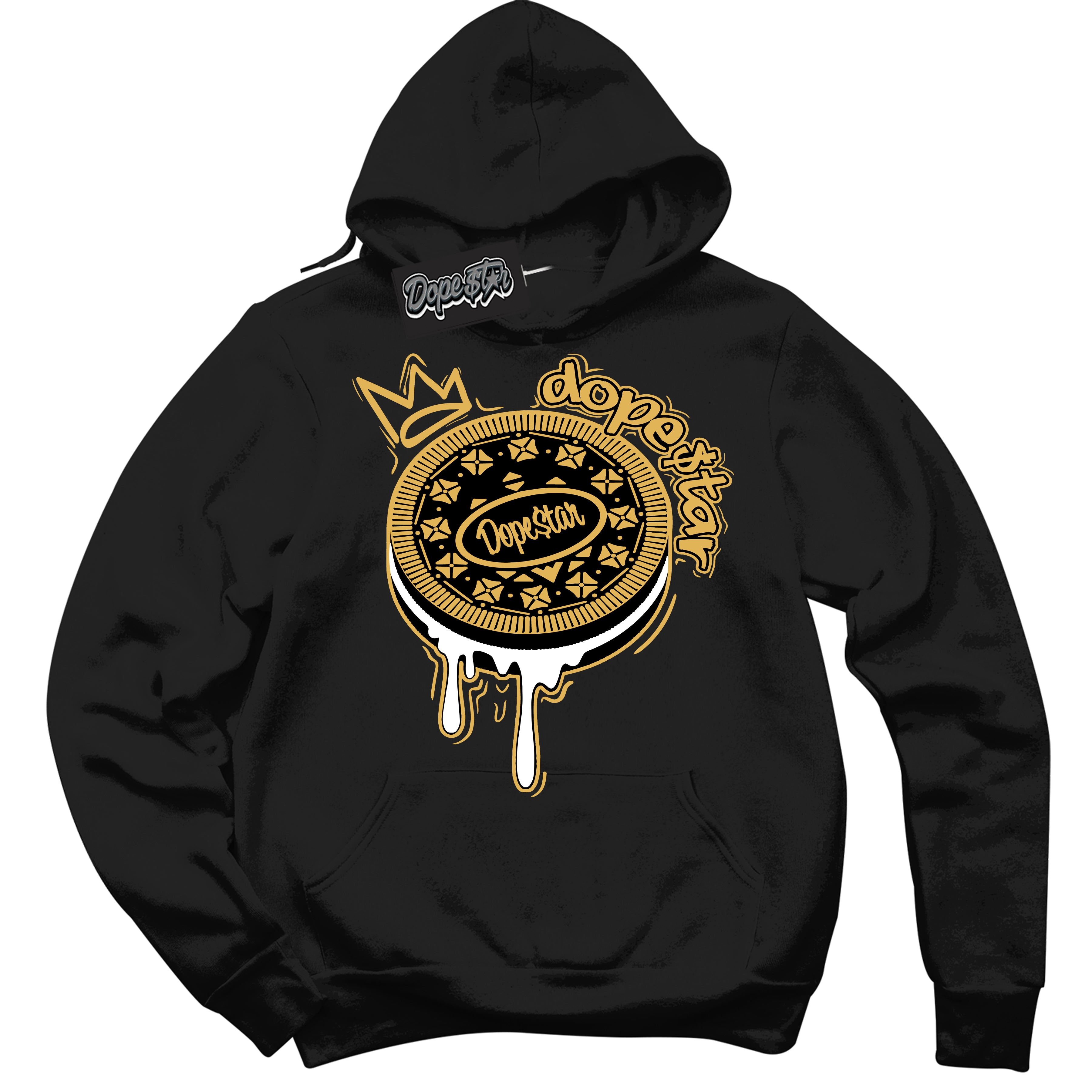 Cool Black Hoodie with “ Oreo DS ”  design that Perfectly Matches Gold Swoosh 1s Sneakers.
