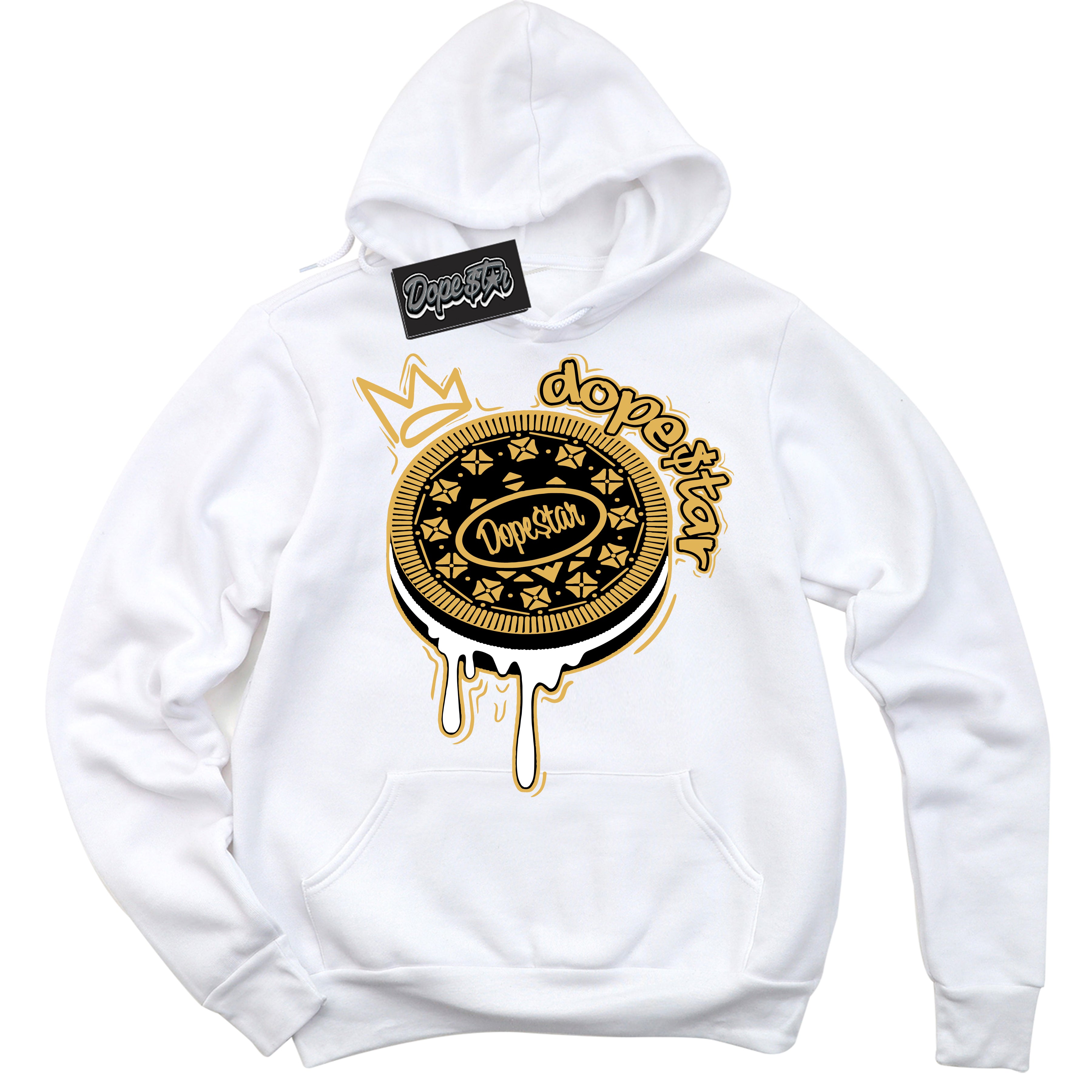 Cool White Hoodie with “ Oreo DS ”  design that Perfectly Matches Gold Swoosh 1s Sneakers.
