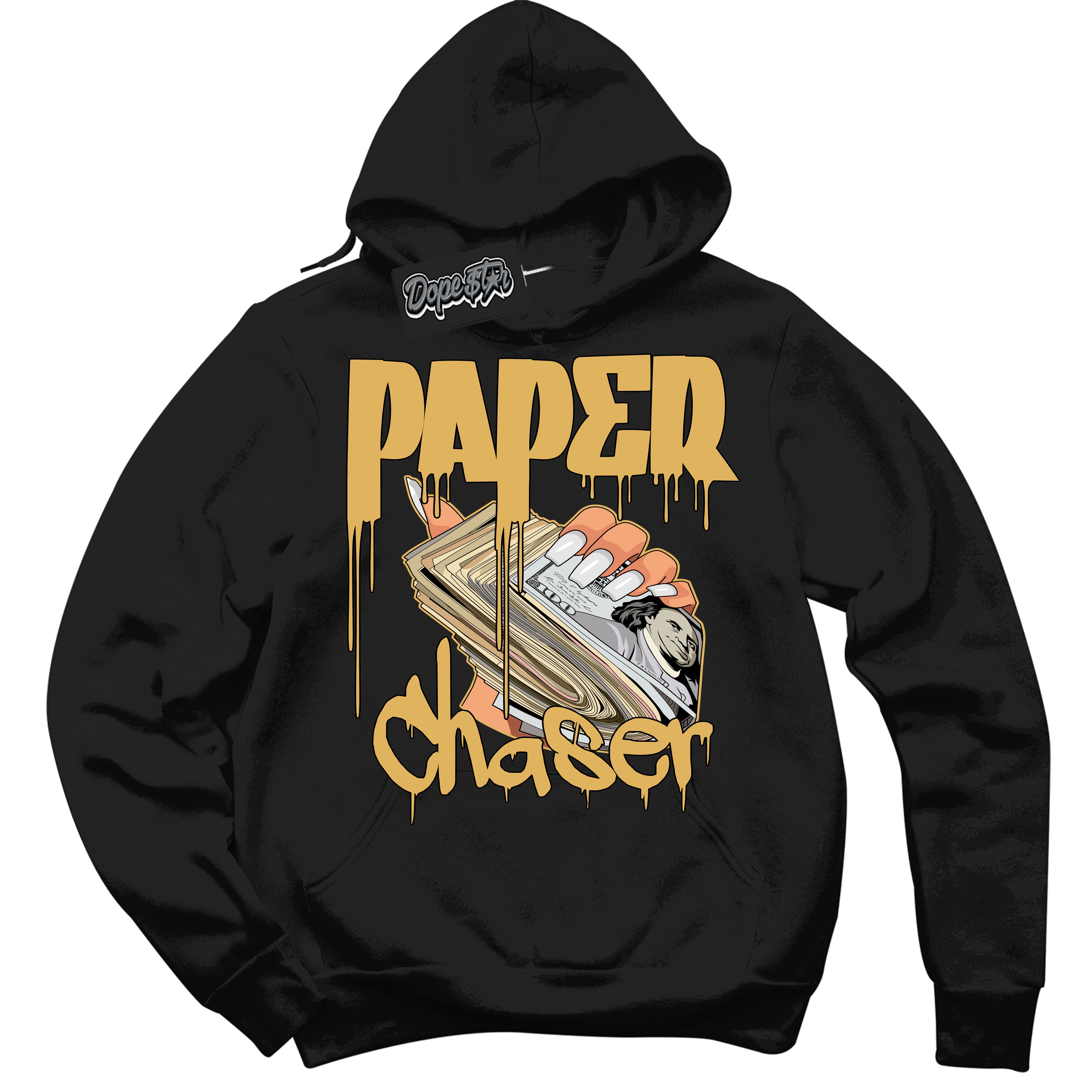 Cool Black Hoodie with “ Paper Chaser ”  design that Perfectly Matches Gold Swoosh 1s Sneakers.
