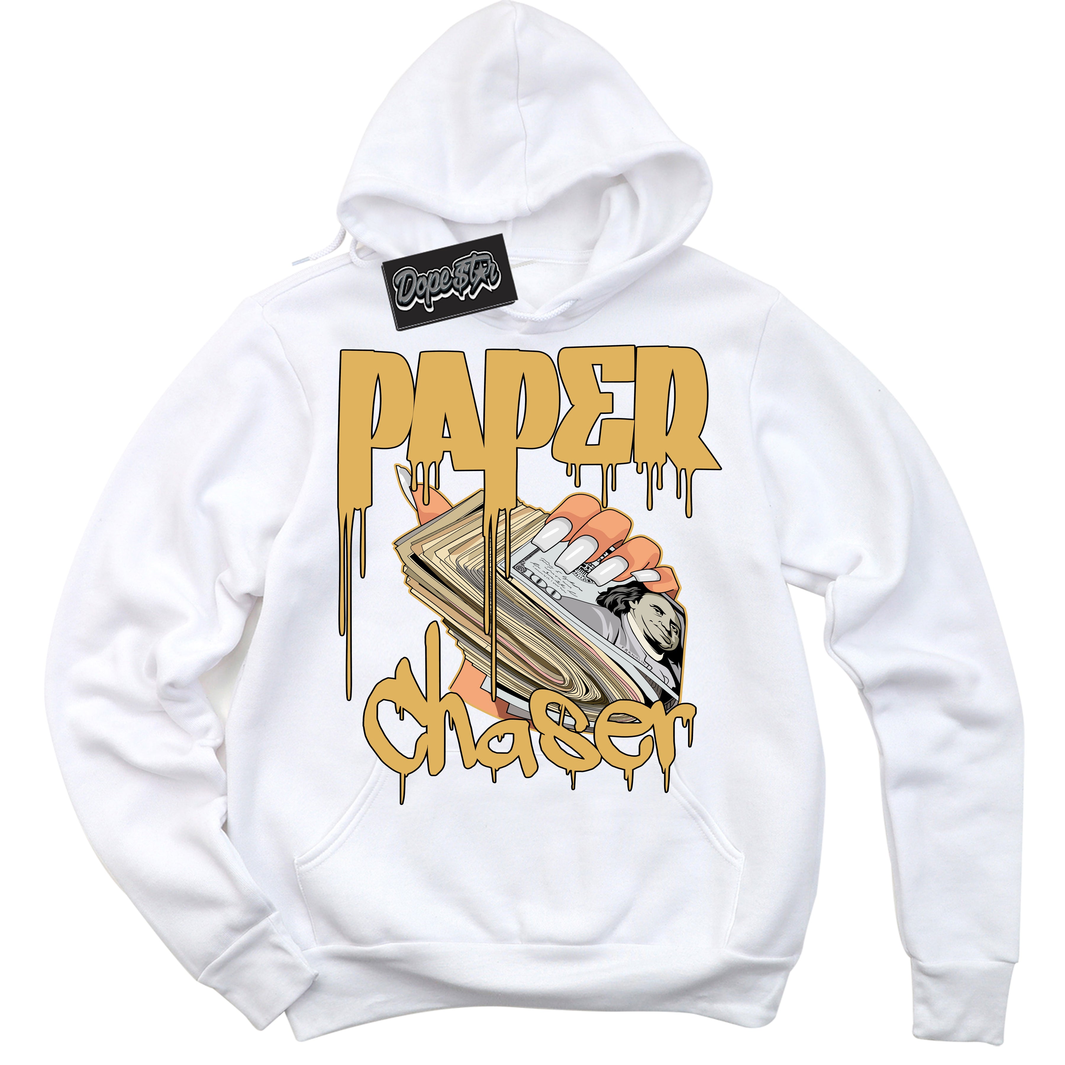 Cool White Hoodie with “ Paper Chaser ”  design that Perfectly Matches Gold Swoosh 1s Sneakers.
