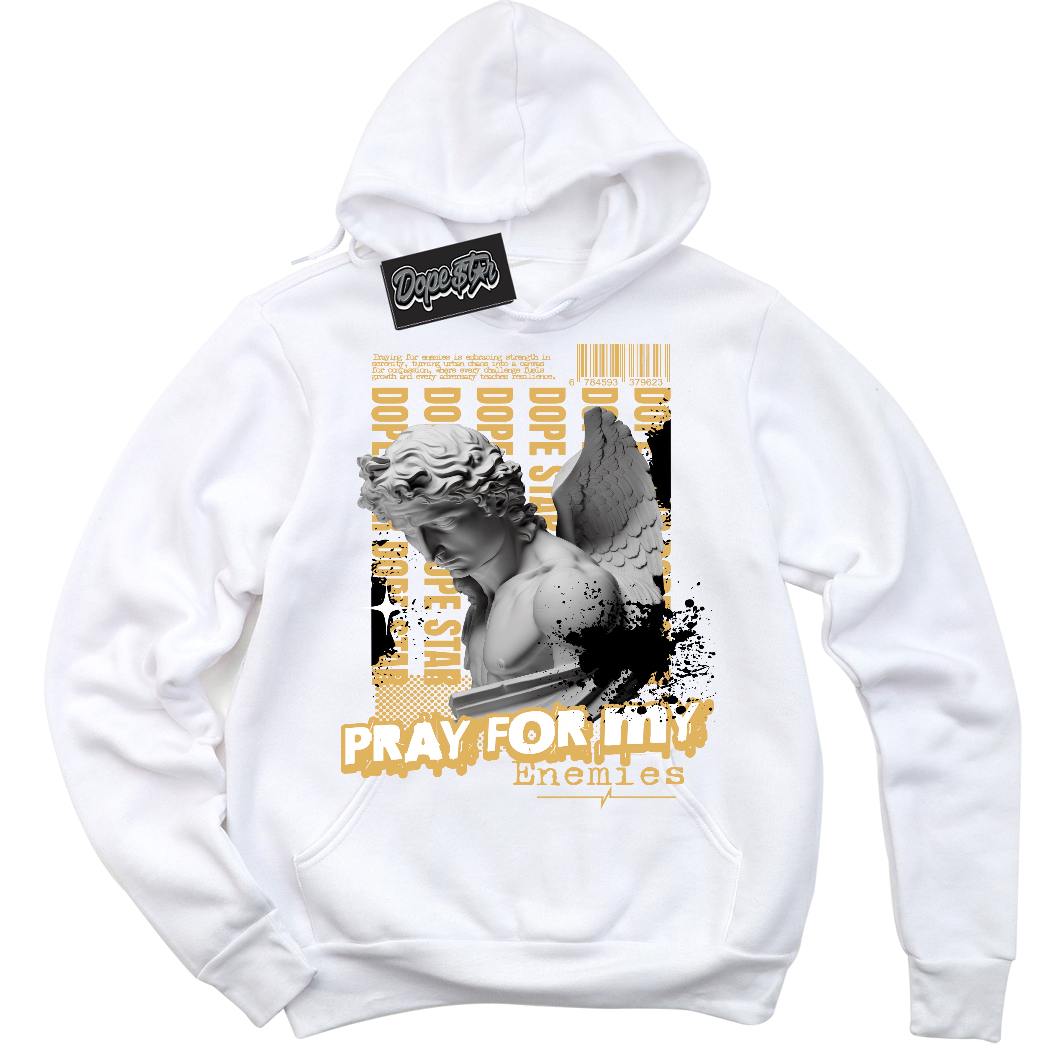 Cool White Hoodie with “ Pray Enemies ”  design that Perfectly Matches Gold Swoosh 1s Sneakers.
