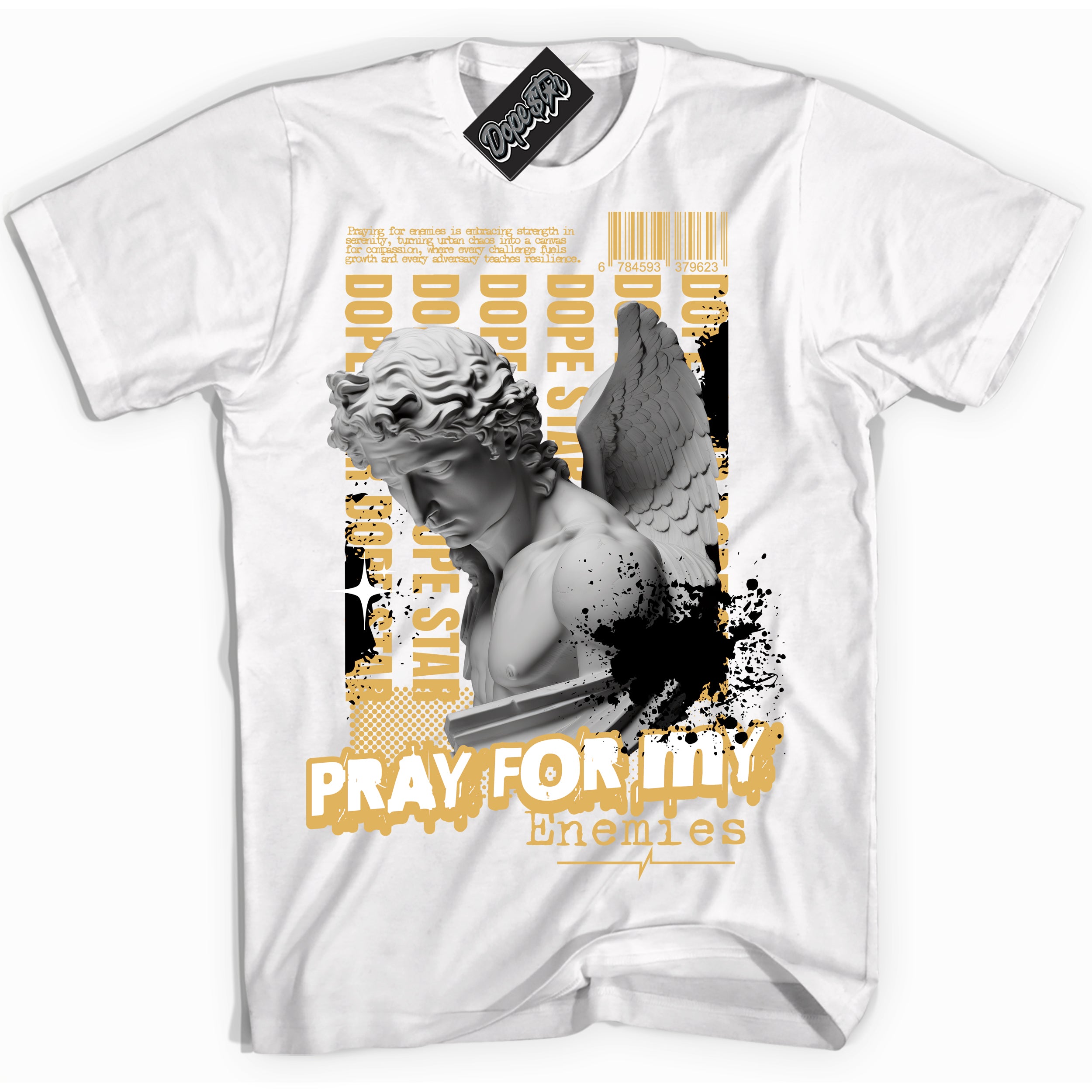 Cool White Shirt with “ Pray Enemies ” design that perfectly matches Gold Swoosh 1s Sneakers.
