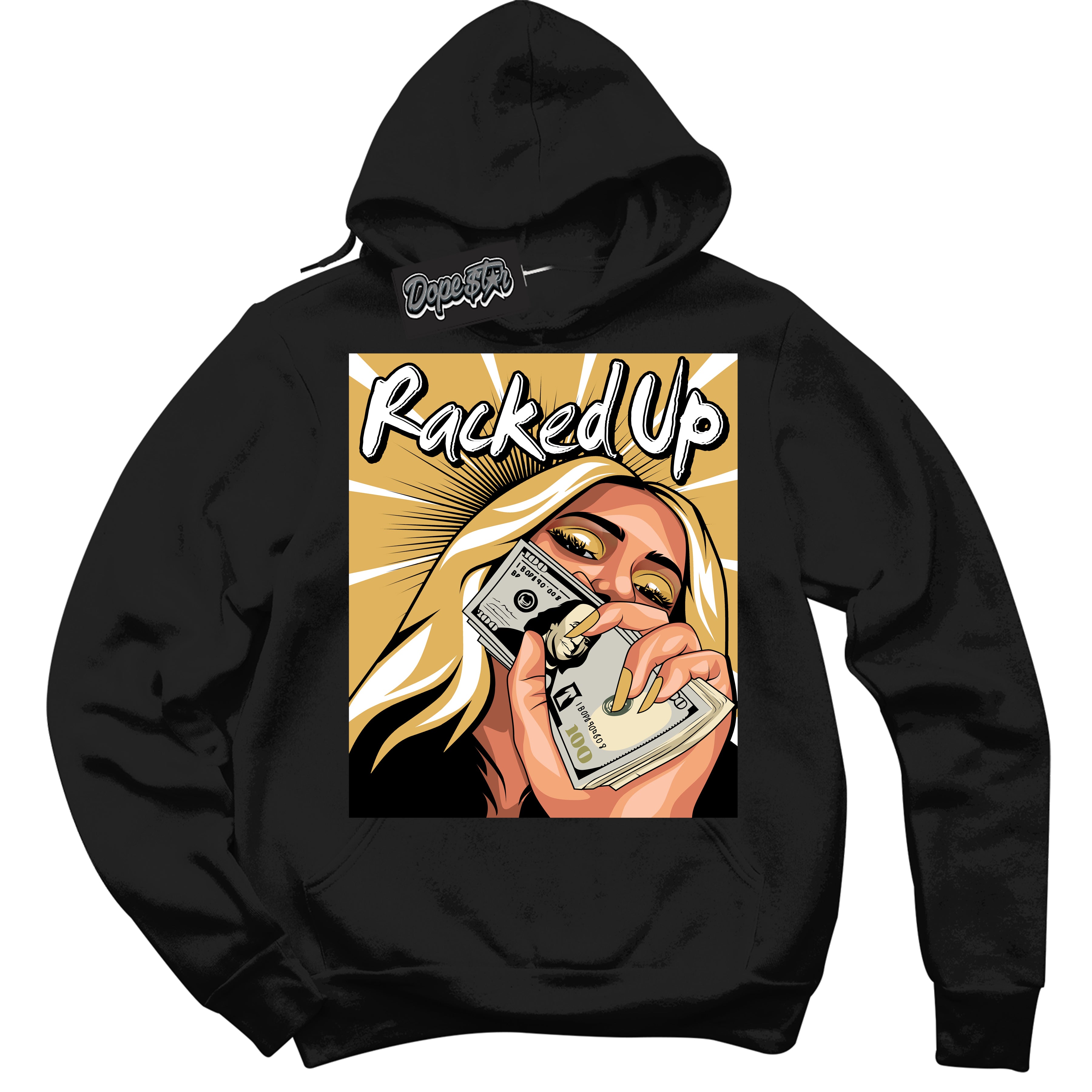 Cool Black Hoodie with “ Racked Up ”  design that Perfectly Matches Gold Swoosh 1s Sneakers.
