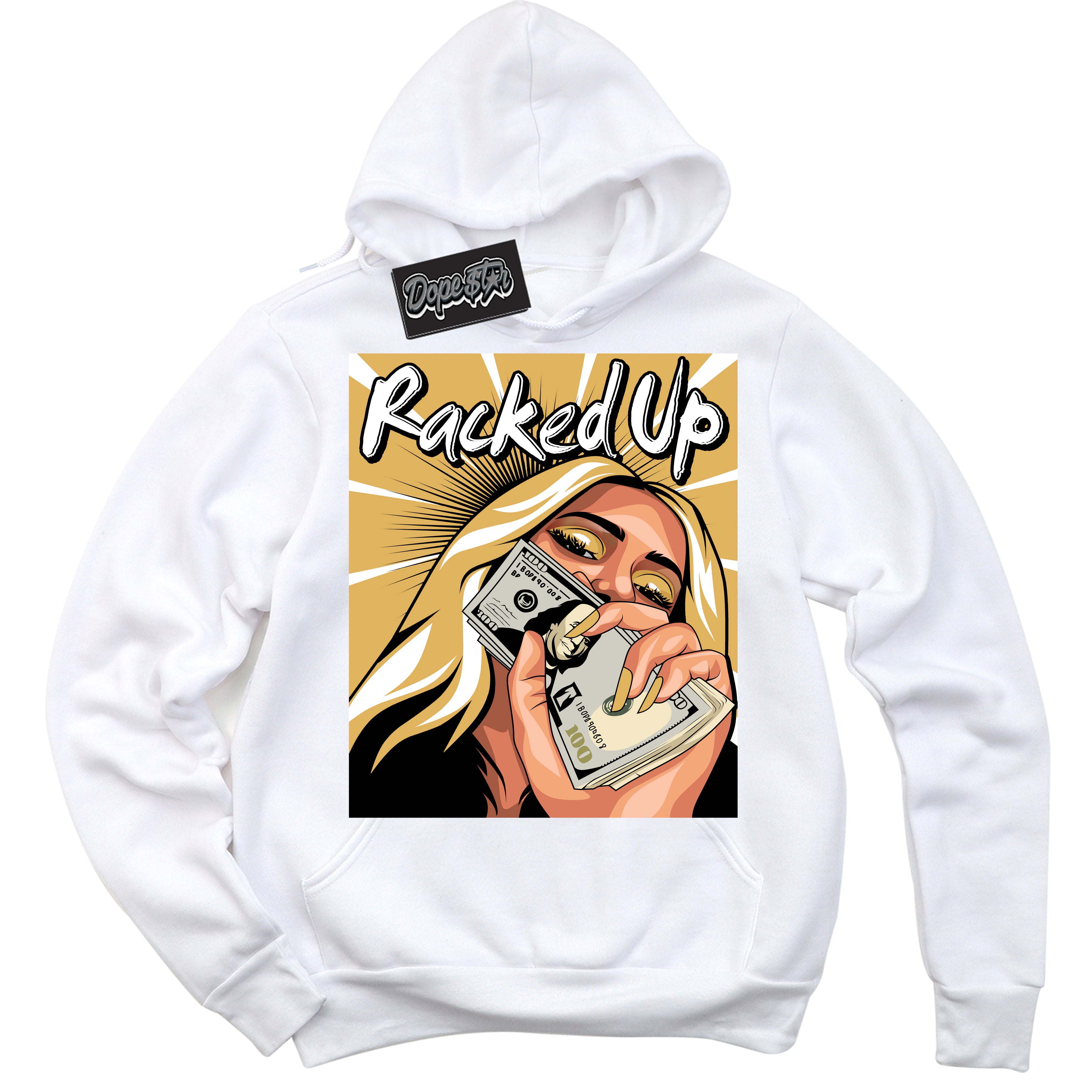 Cool White Hoodie with “ Racked Up ”  design that Perfectly Matches Gold Swoosh 1s Sneakers.
