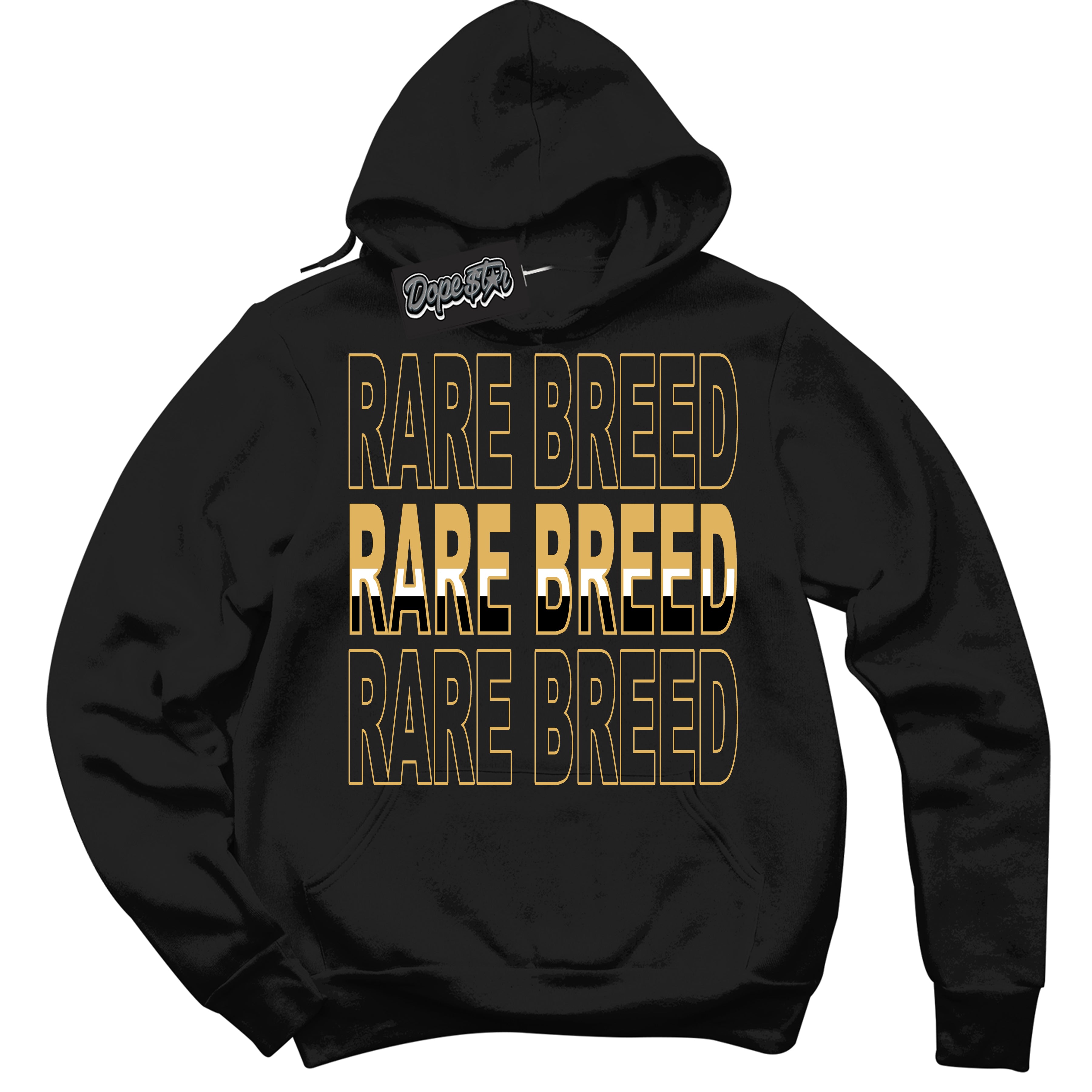 Cool Black Hoodie with “ Rare Breed ”  design that Perfectly Matches Gold Swoosh 1s Sneakers.
