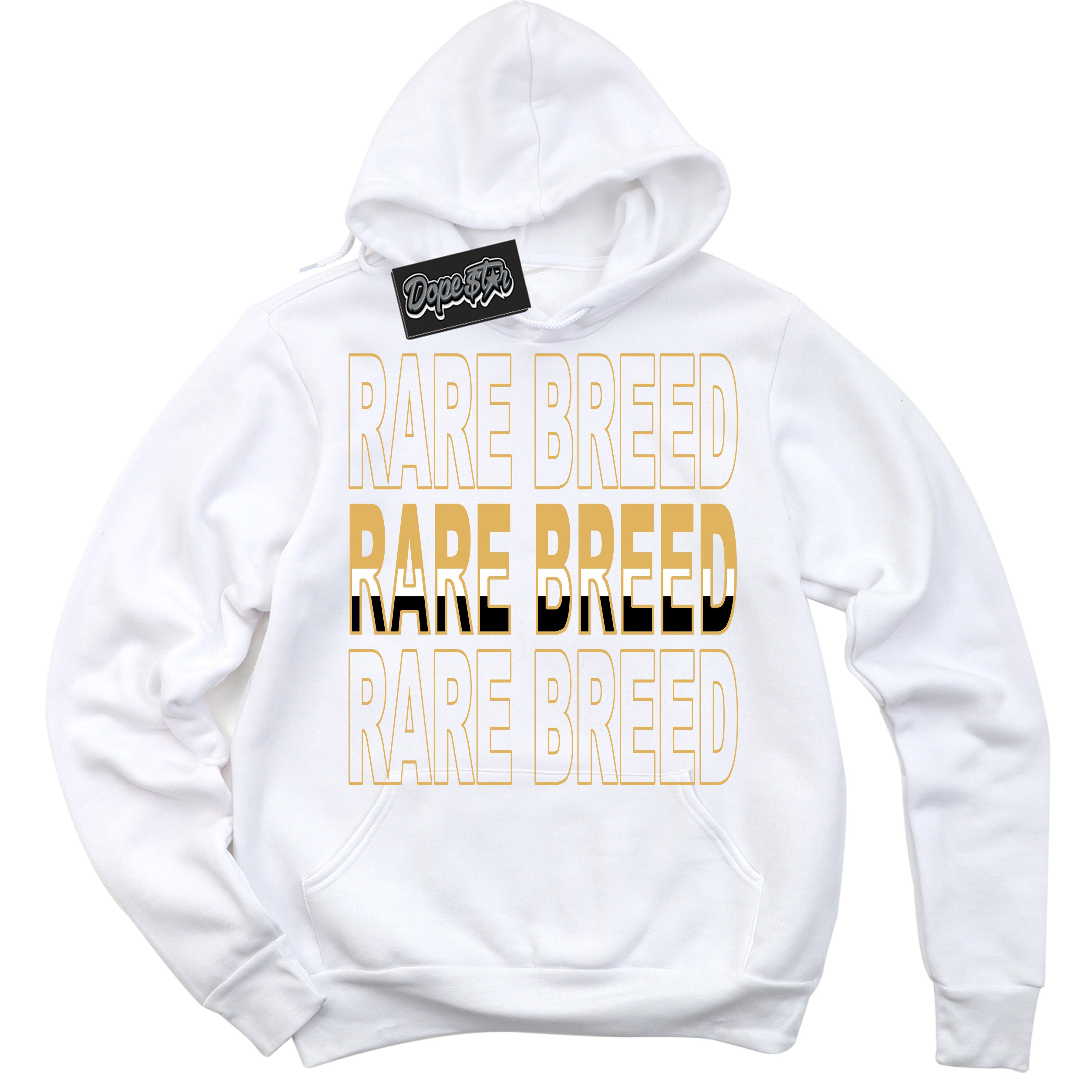 Cool White Hoodie with “ Rare Breed ”  design that Perfectly Matches Gold Swoosh 1s Sneakers.
