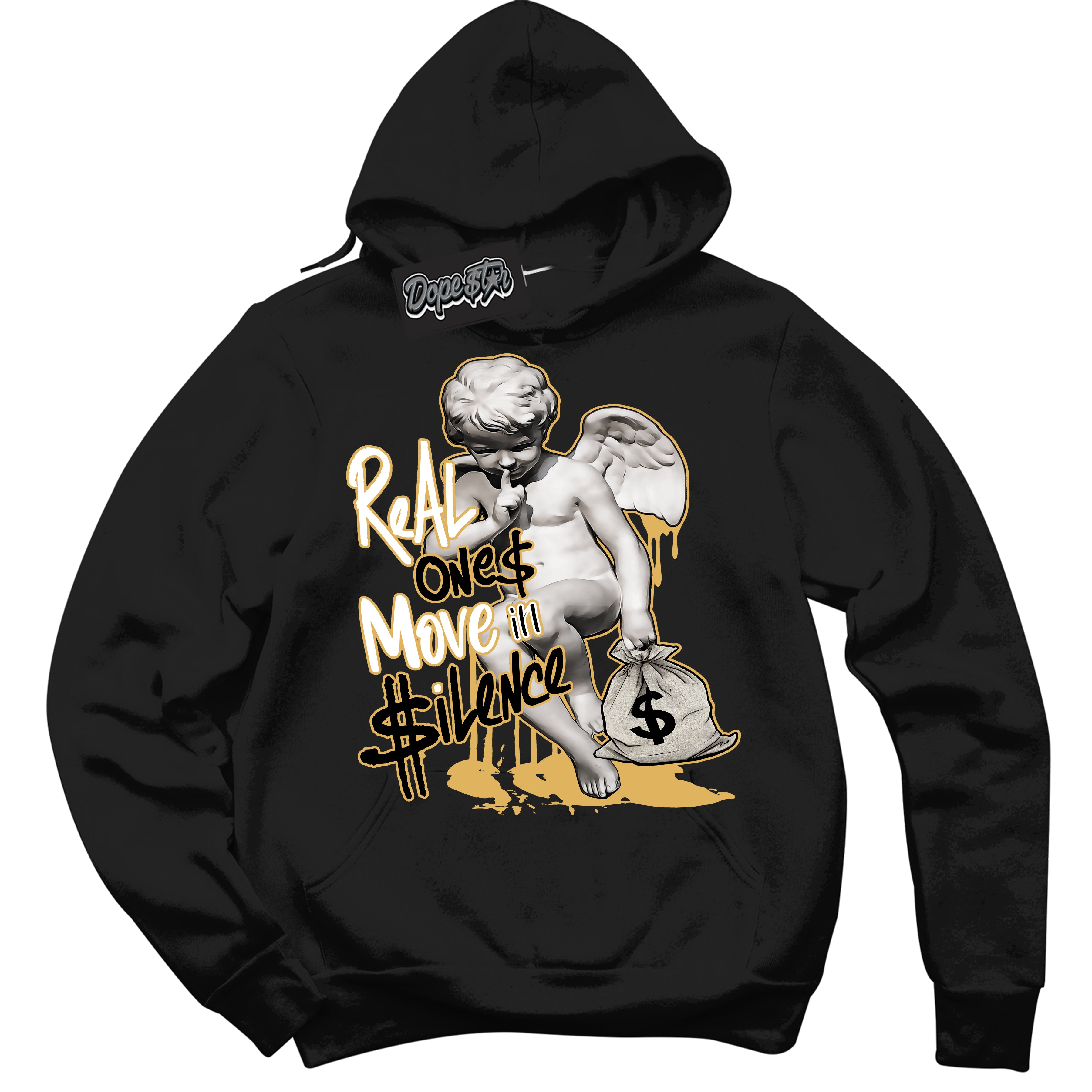 Cool Black Hoodie with “ Real Ones Cherub ”  design that Perfectly Matches Gold Swoosh 1s Sneakers.
