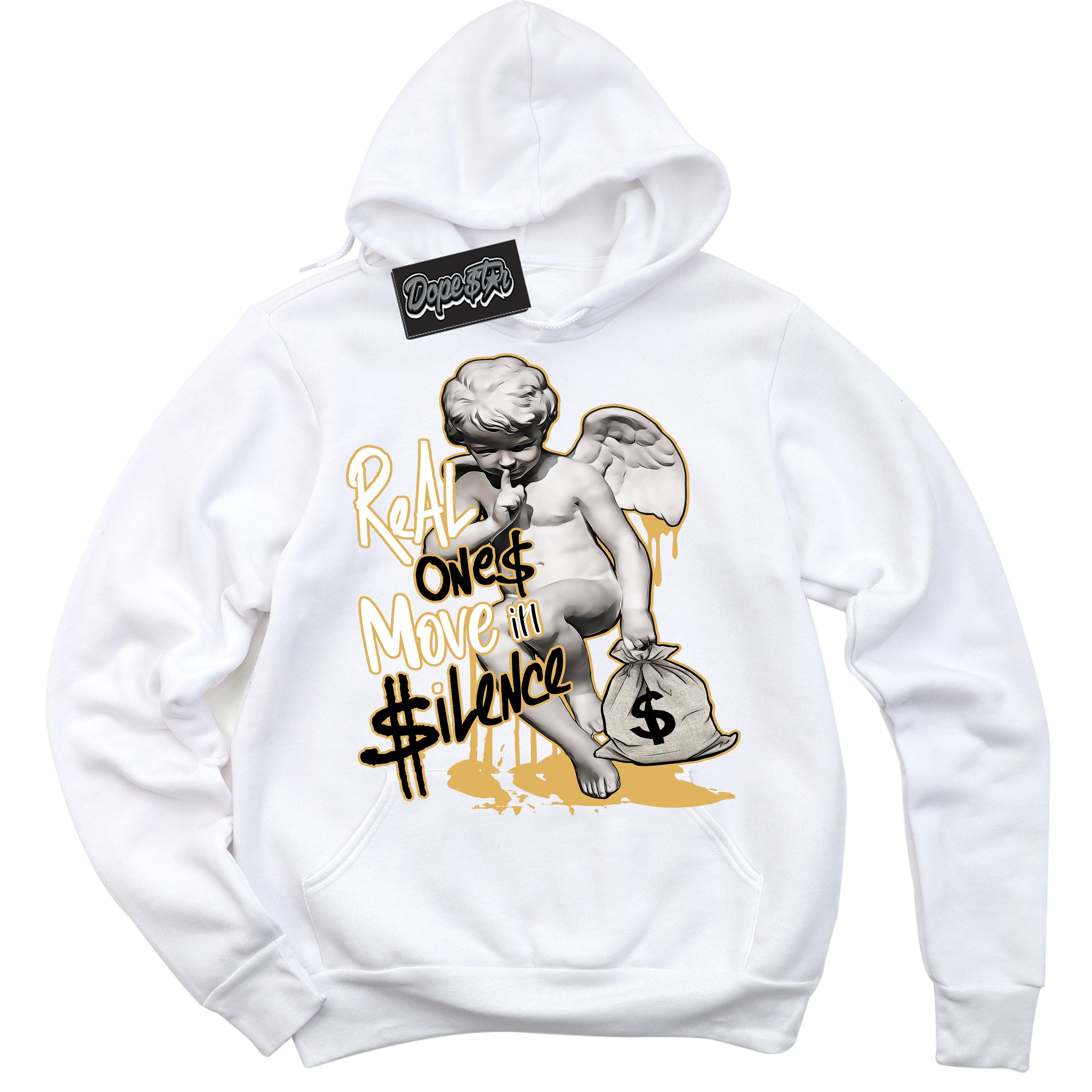 Cool White Hoodie with “ Real Ones Cherub ”  design that Perfectly Matches Gold Swoosh 1s Sneakers.
