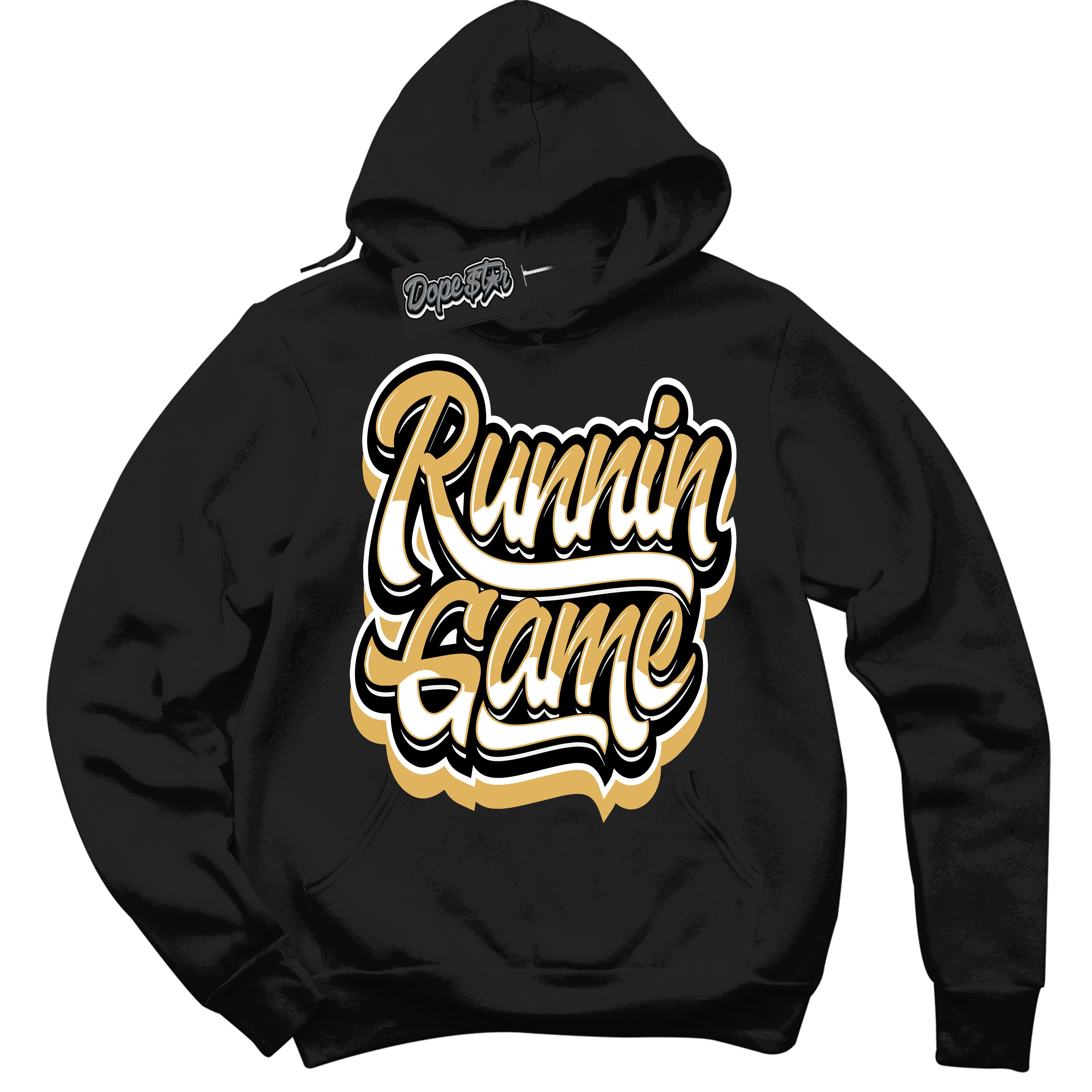 Cool Black Hoodie with “ Running Game ”  design that Perfectly Matches Gold Swoosh 1s Sneakers.
