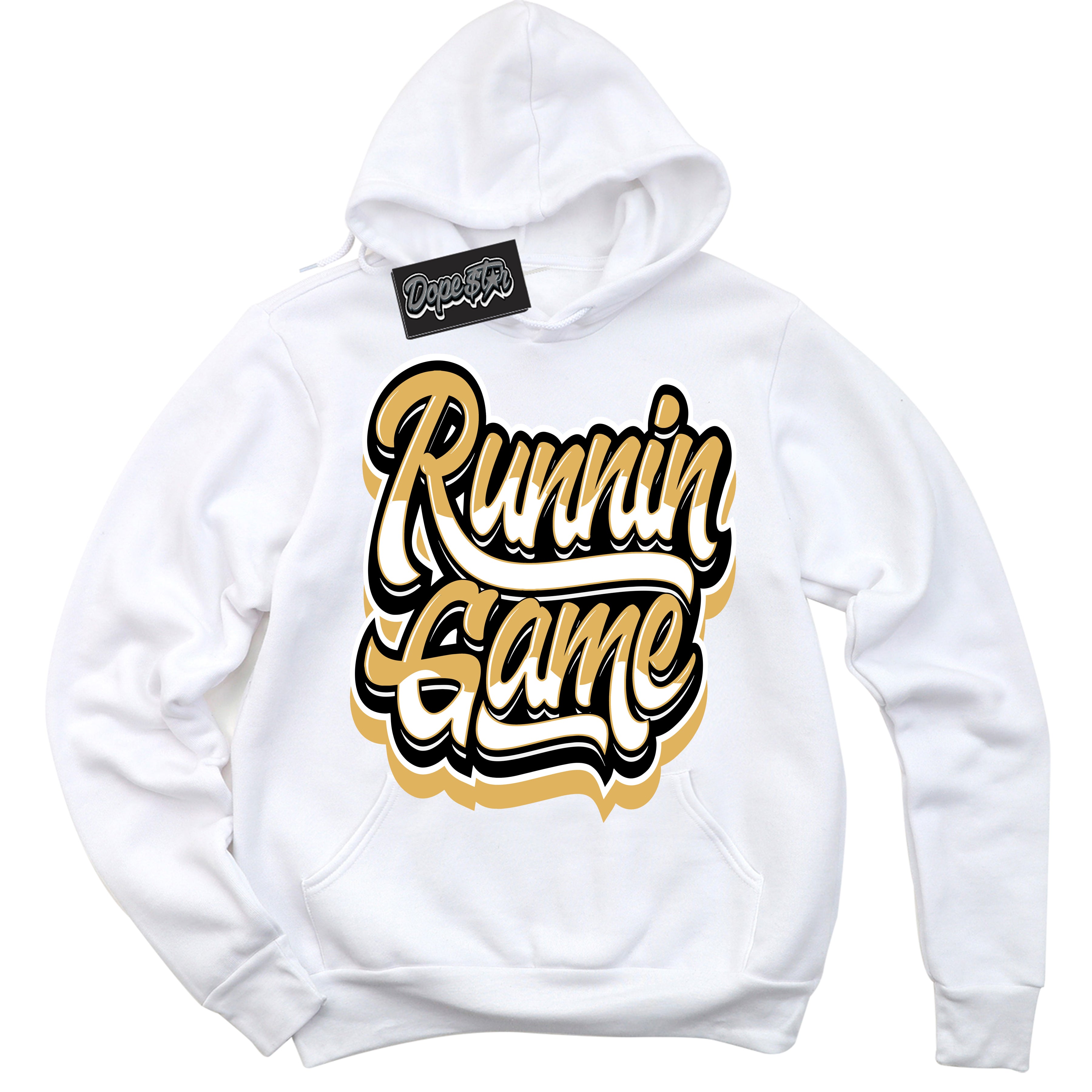 Cool White Hoodie with “ Running Game ”  design that Perfectly Matches Gold Swoosh 1s Sneakers.
