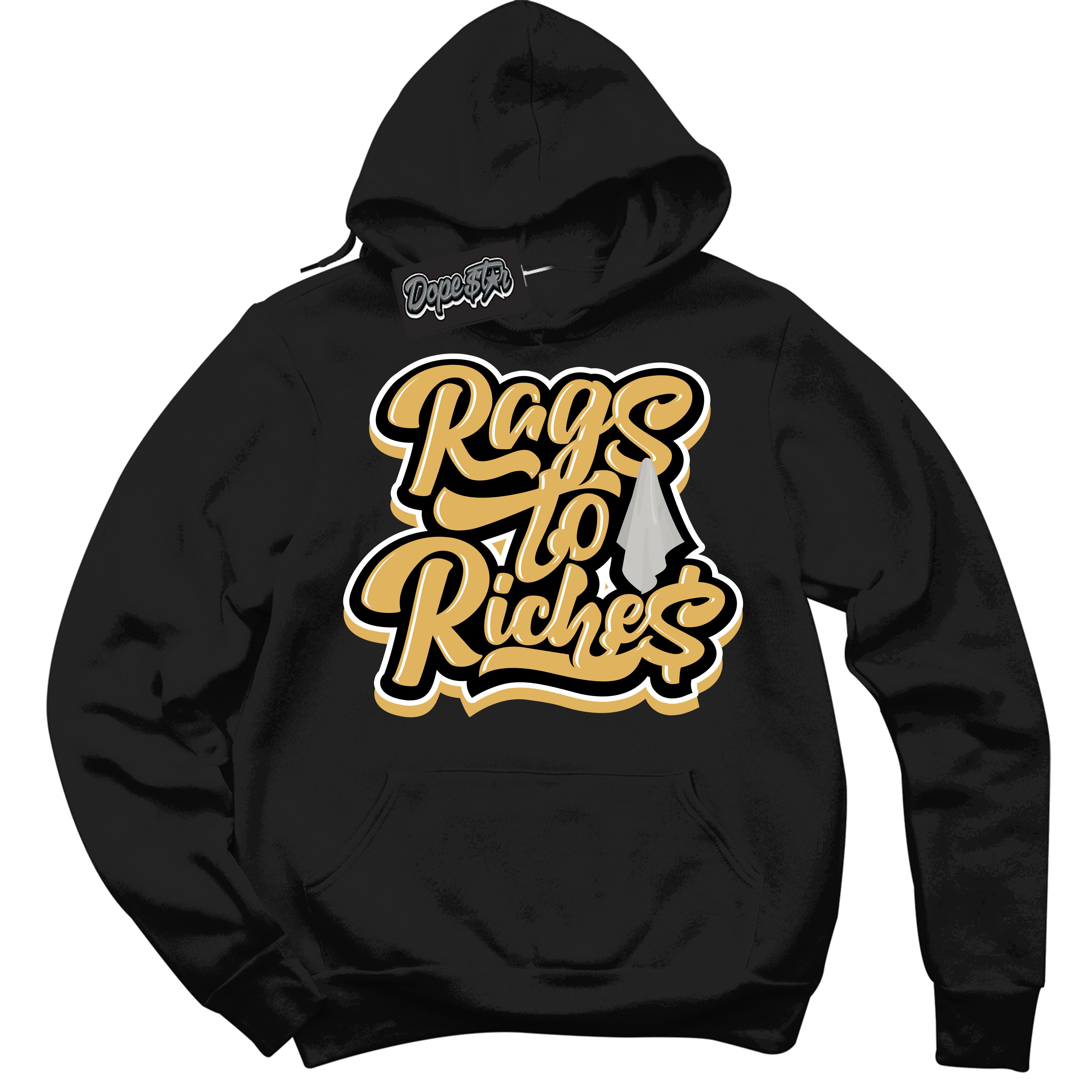 Cool Black Hoodie with “ Rags To Riches ”  design that Perfectly Matches Gold Swoosh 1s Sneakers.
