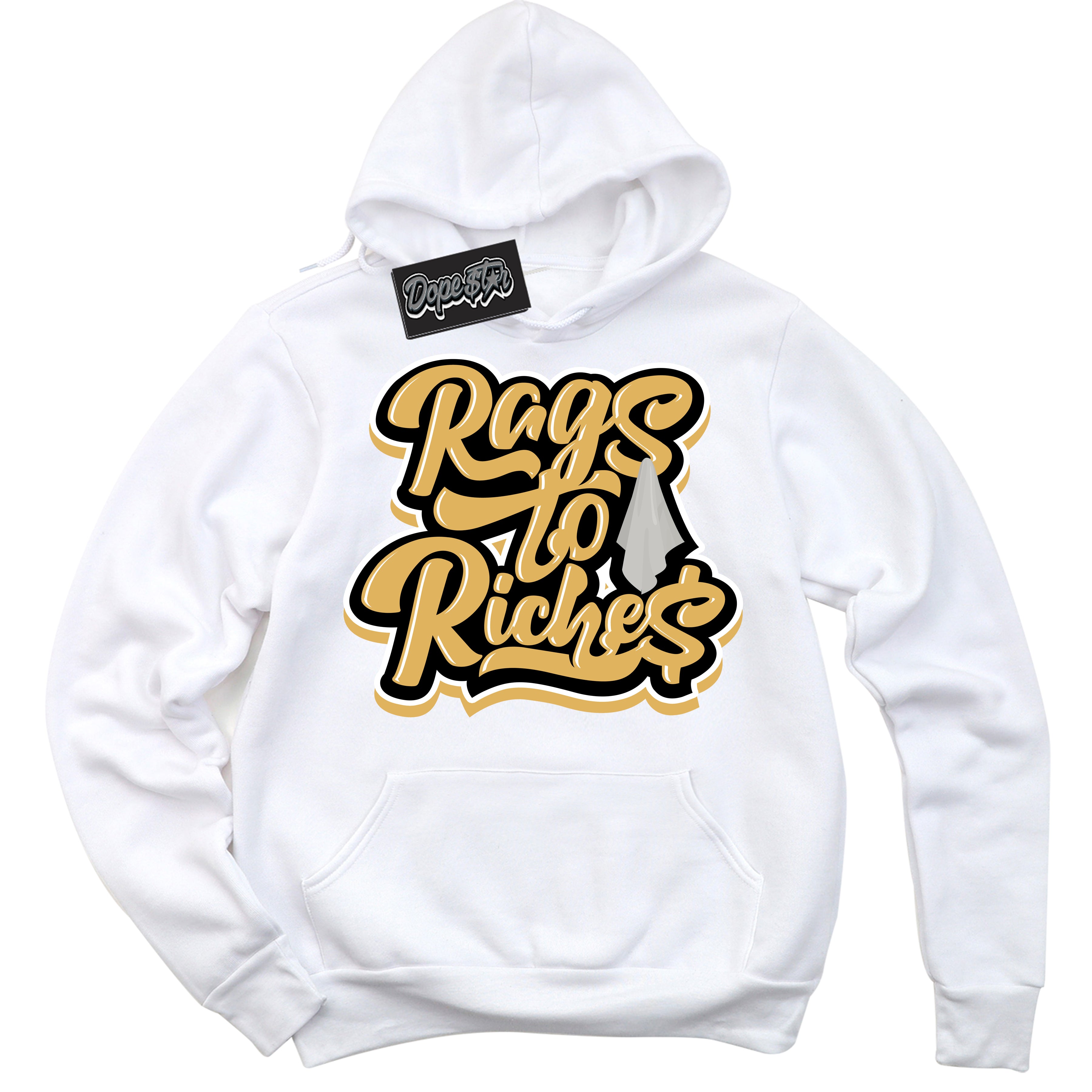 Cool White Hoodie with “ Rags To Riches ”  design that Perfectly Matches Gold Swoosh 1s Sneakers.
