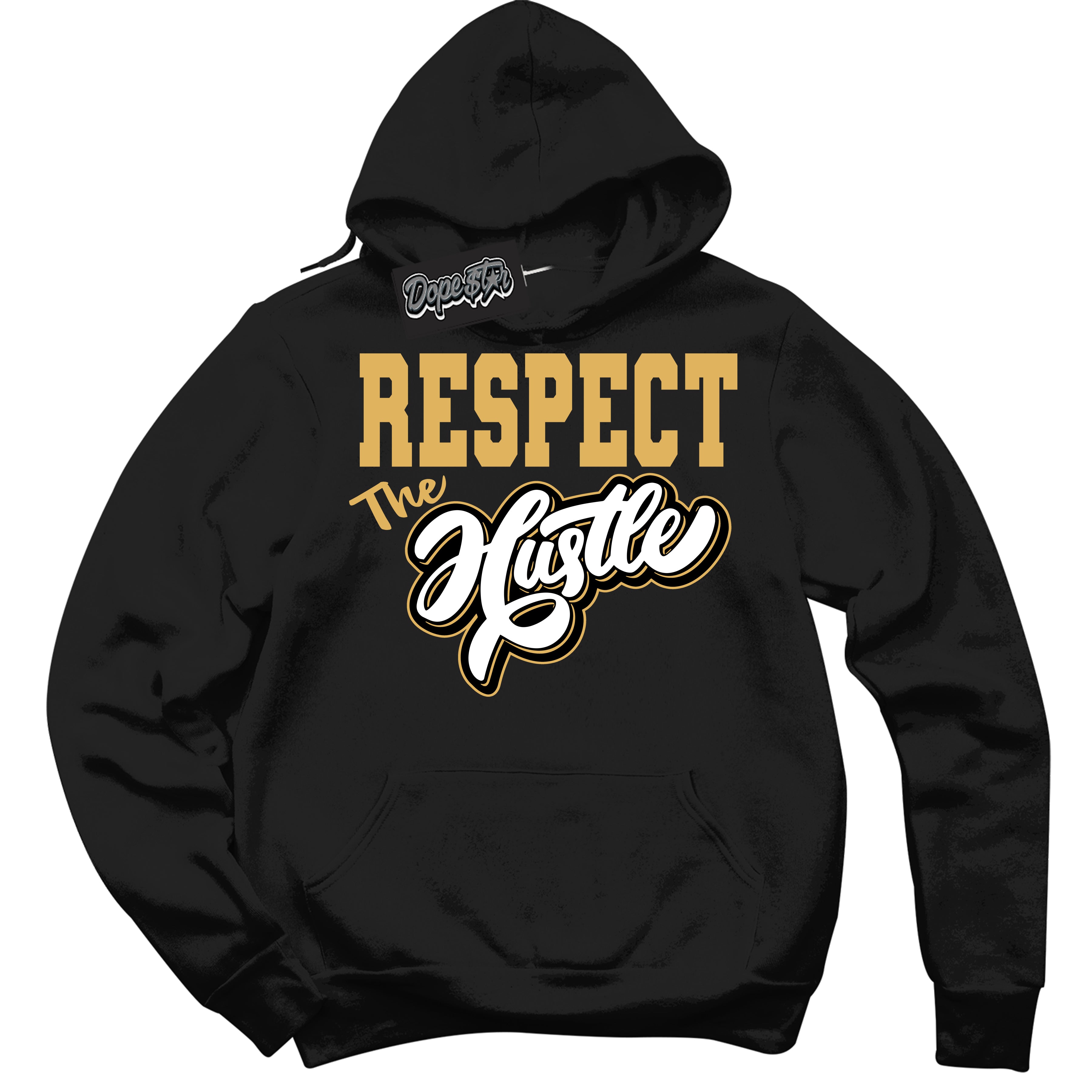 Cool Black Hoodie with “ Respect The Hustle ”  design that Perfectly Matches Gold Swoosh 1s Sneakers.
