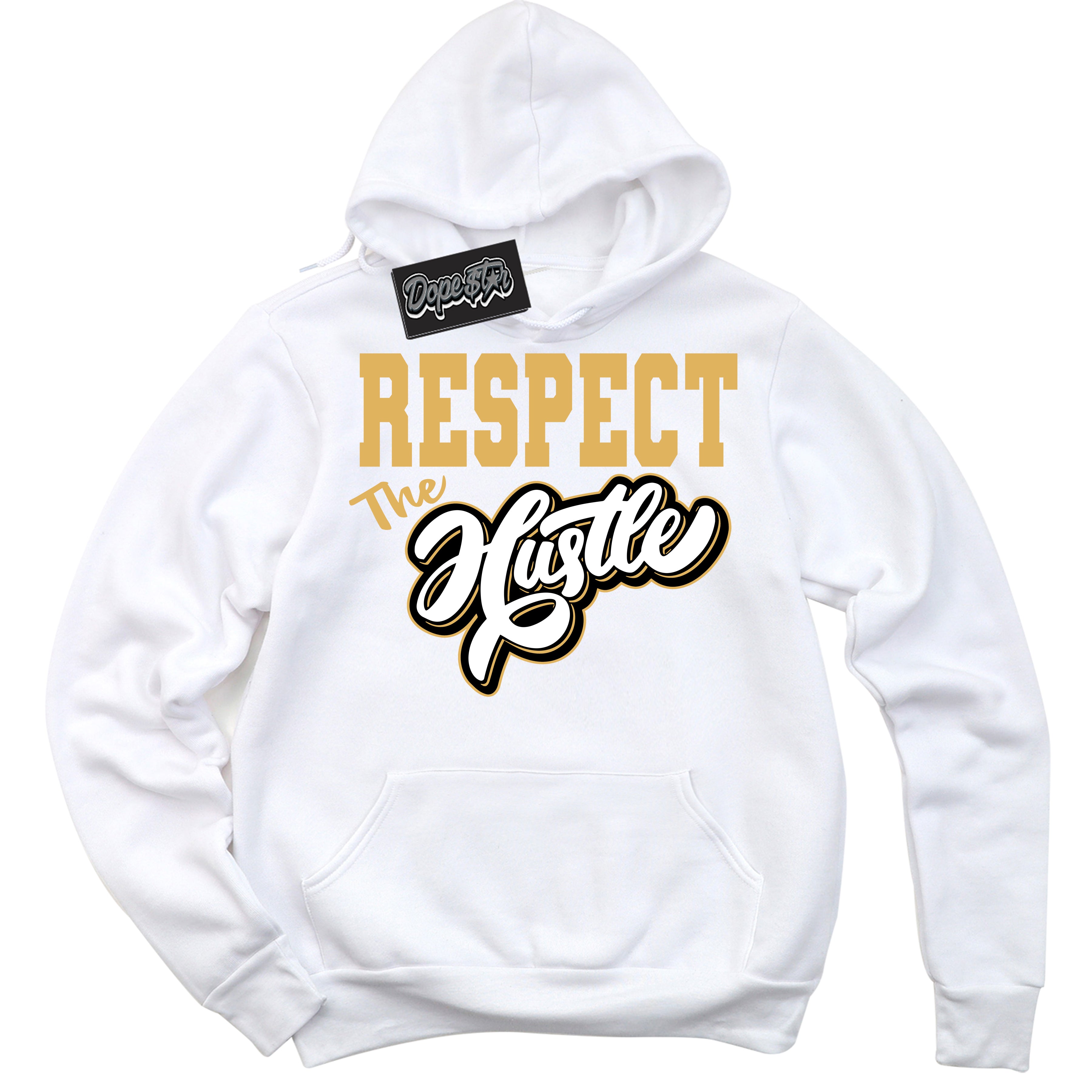 Cool White Hoodie with “ Respect The Hustle ”  design that Perfectly Matches Gold Swoosh 1s Sneakers.
