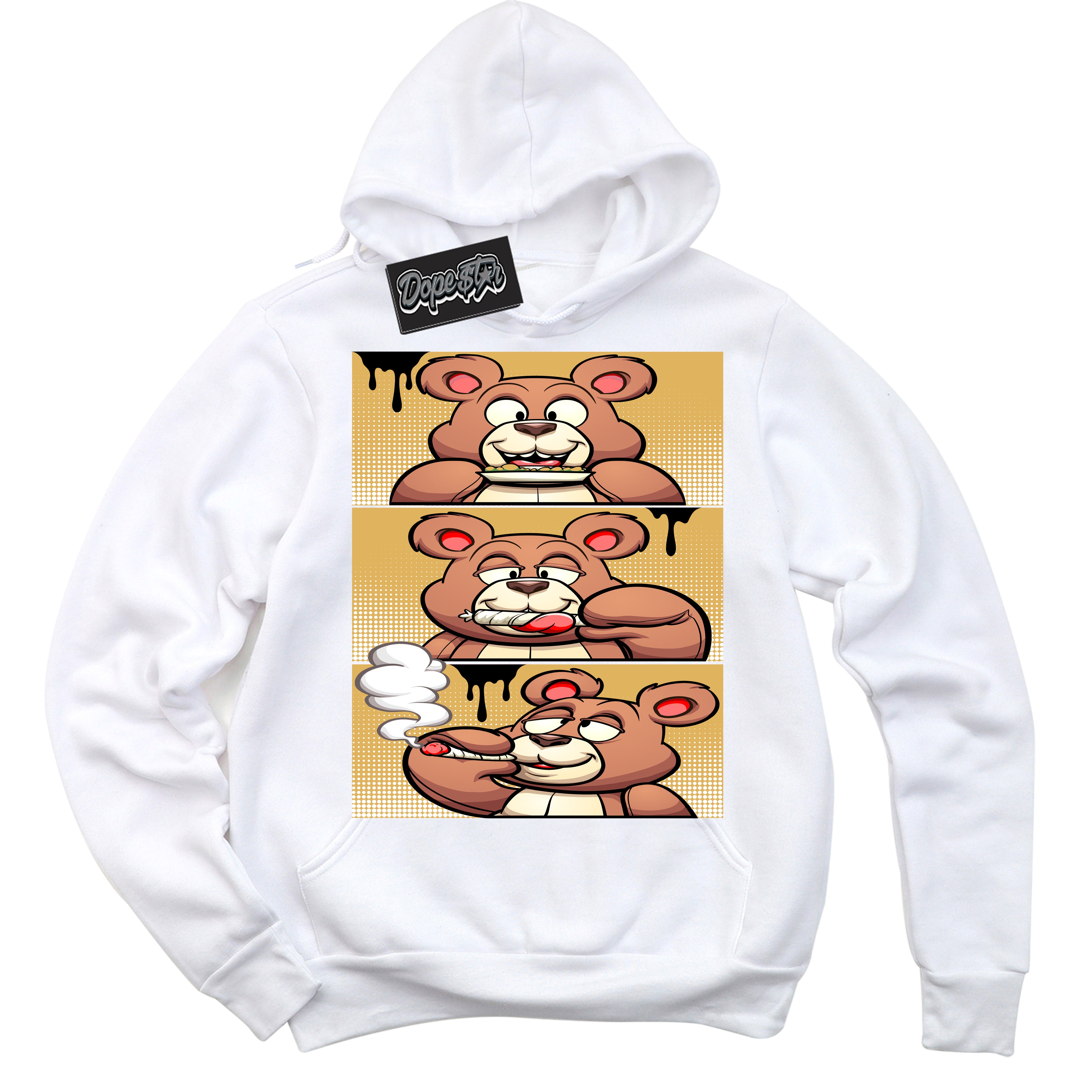 Cool White Hoodie with “ Roll It Lick It Smoke It Bear ”  design that Perfectly Matches Gold Swoosh 1s Sneakers.
