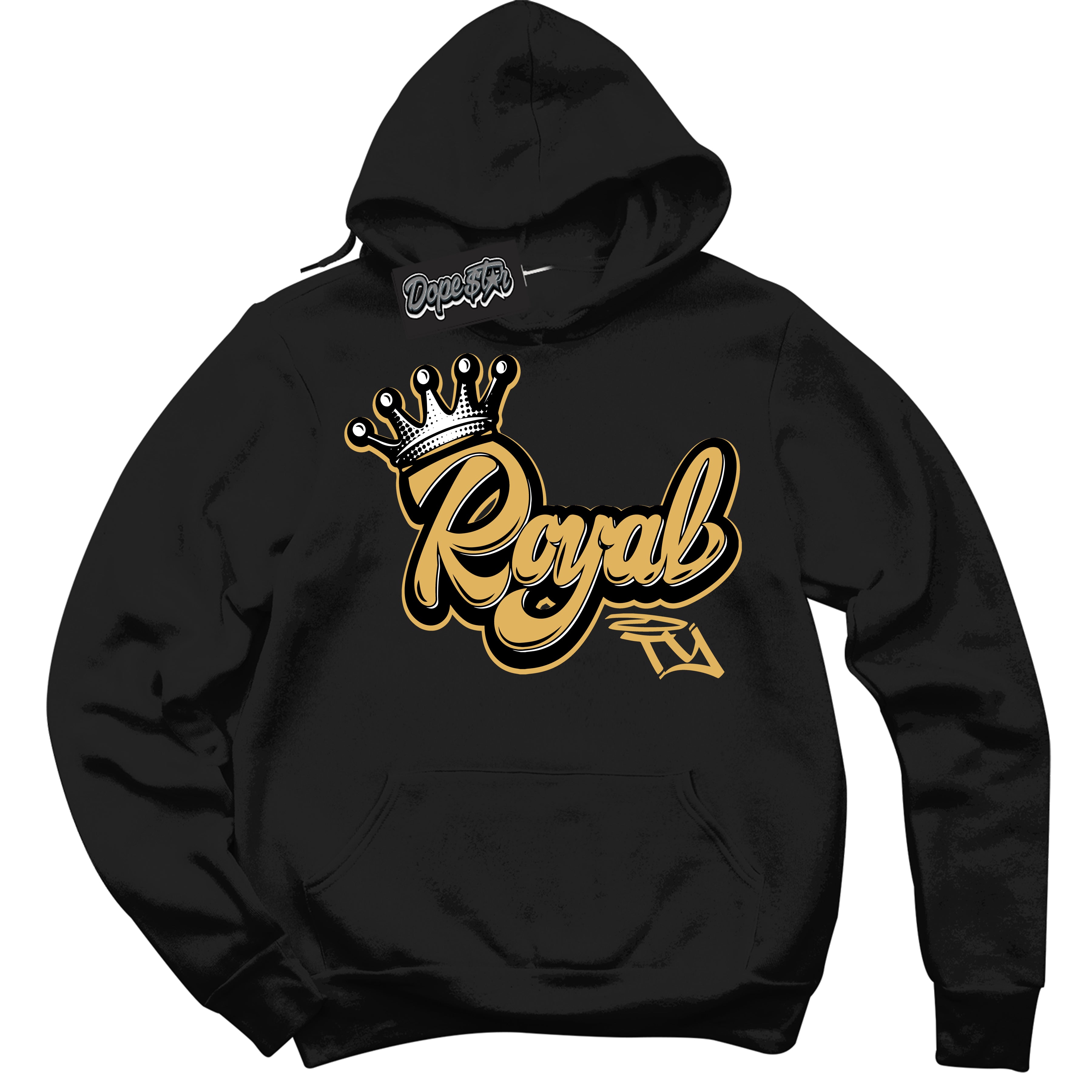 Cool Black Hoodie with “ Royalty ”  design that Perfectly Matches Gold Swoosh 1s Sneakers.
