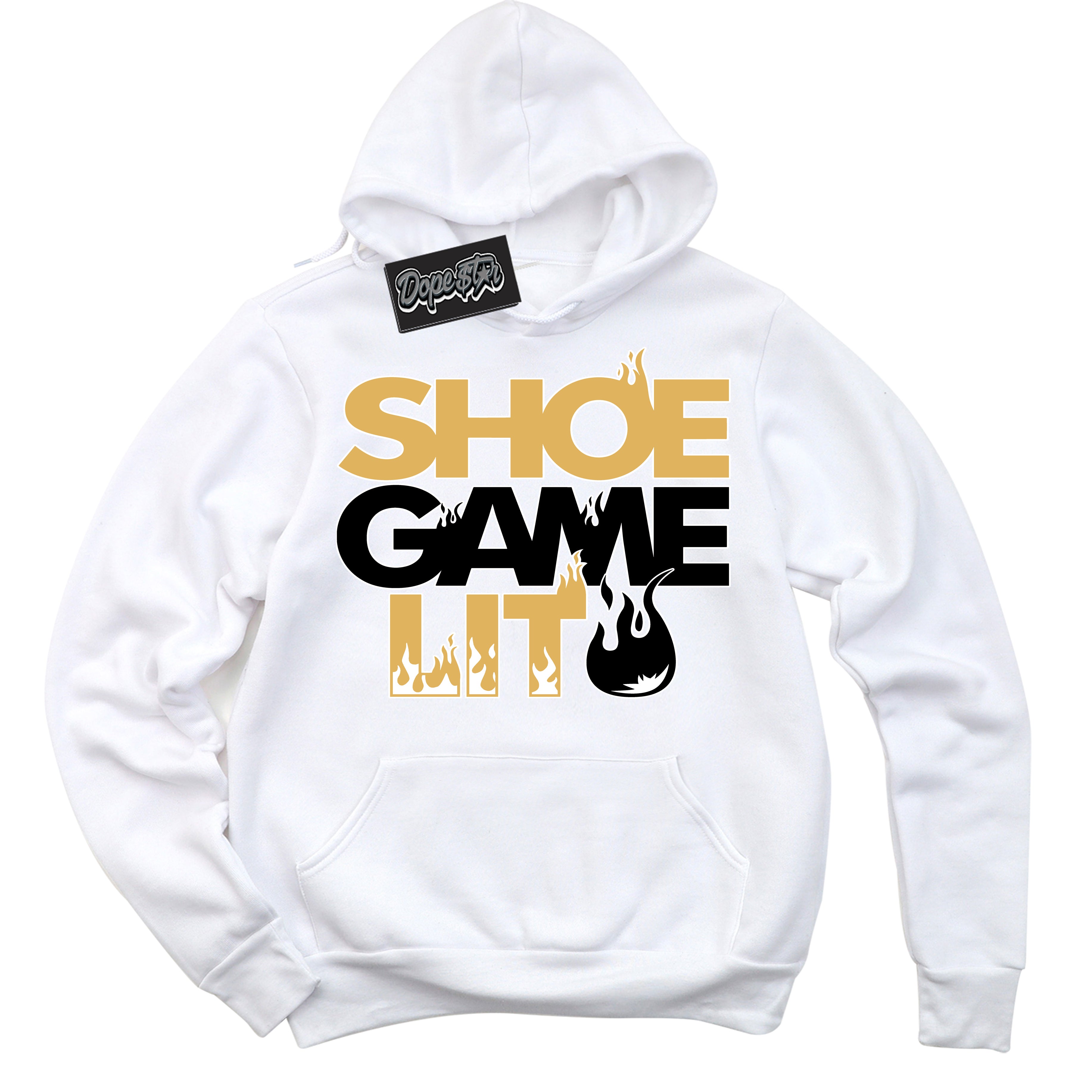 Cool White Hoodie with “ Shoe Game Lit ”  design that Perfectly Matches Gold Swoosh 1s Sneakers.
