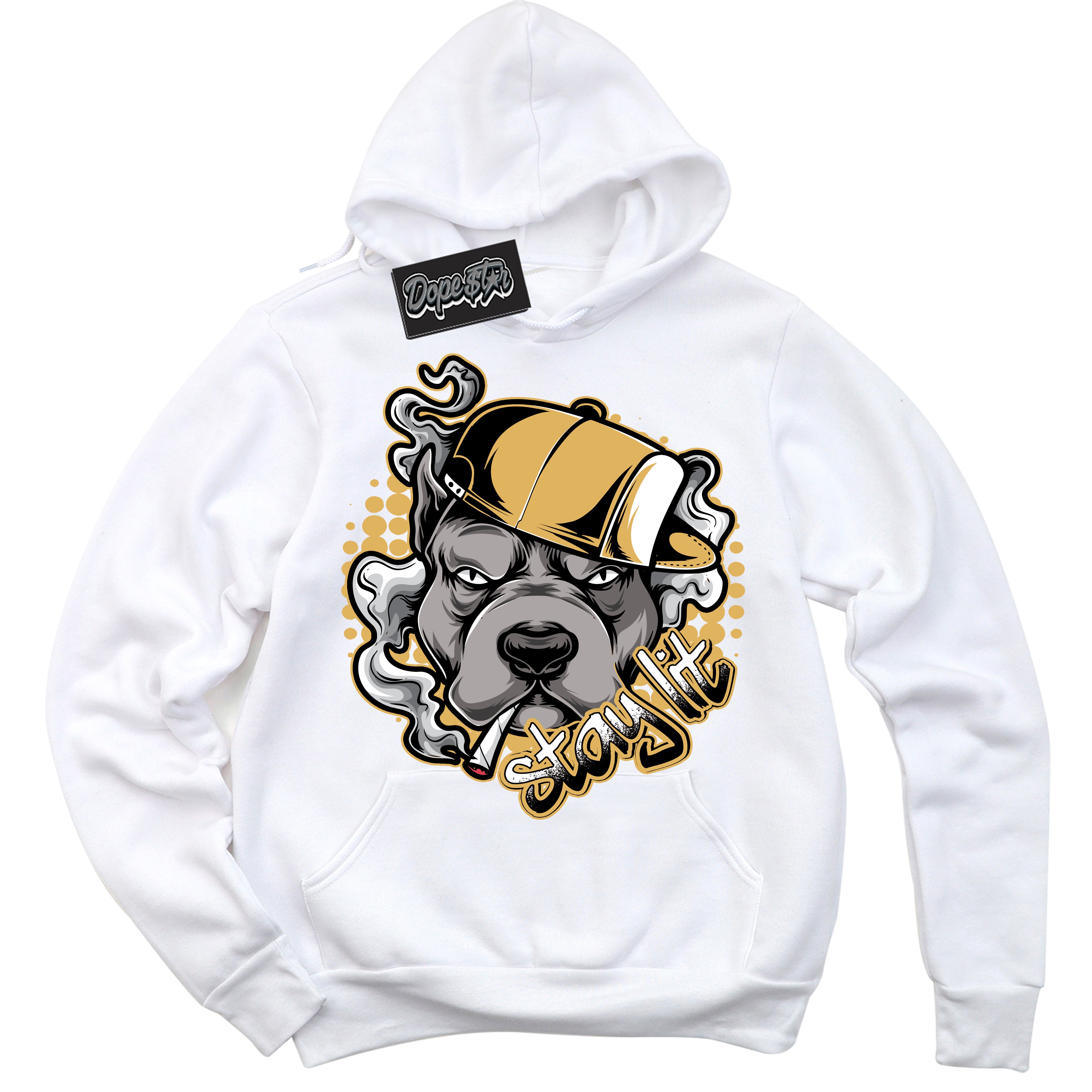 Cool White Hoodie with “ Stay Lit ”  design that Perfectly Matches Gold Swoosh 1s Sneakers.
