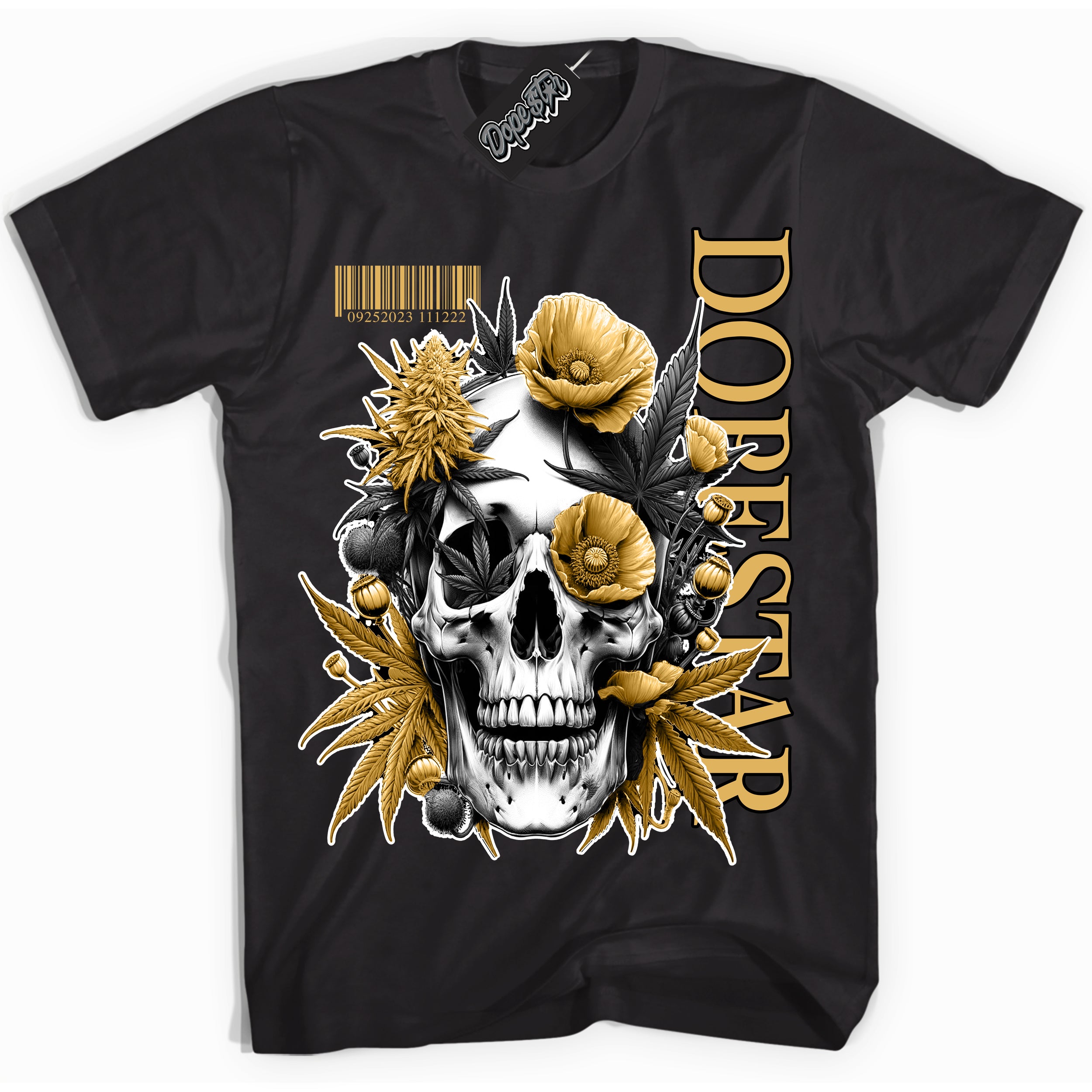 Cool Black Shirt with “ Skull Poppies ” design that perfectly matches Gold Swoosh 1s Sneakers.
